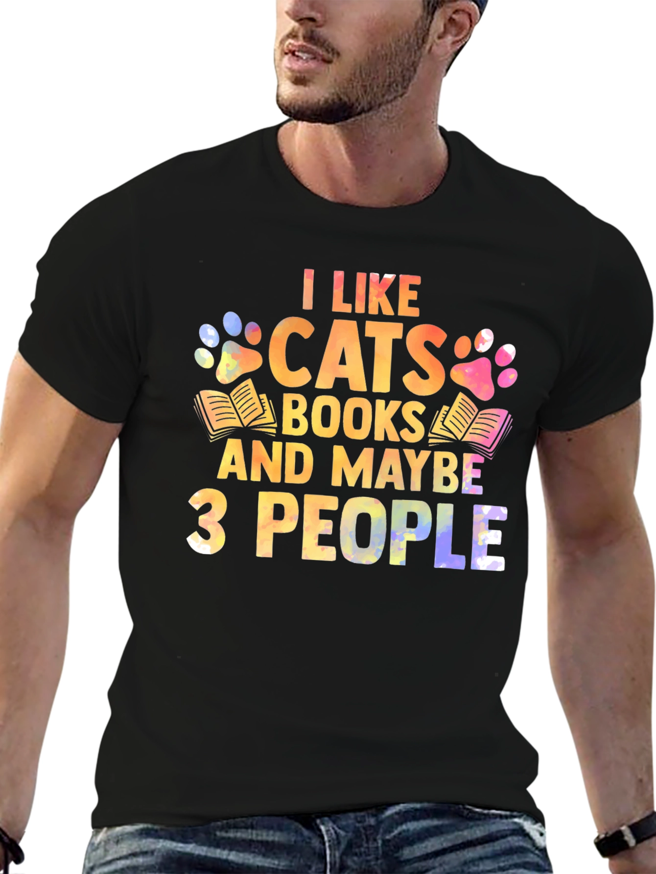 Black I Like Cats Books & Maybe 3 People Unisex T-Shirt view 6
