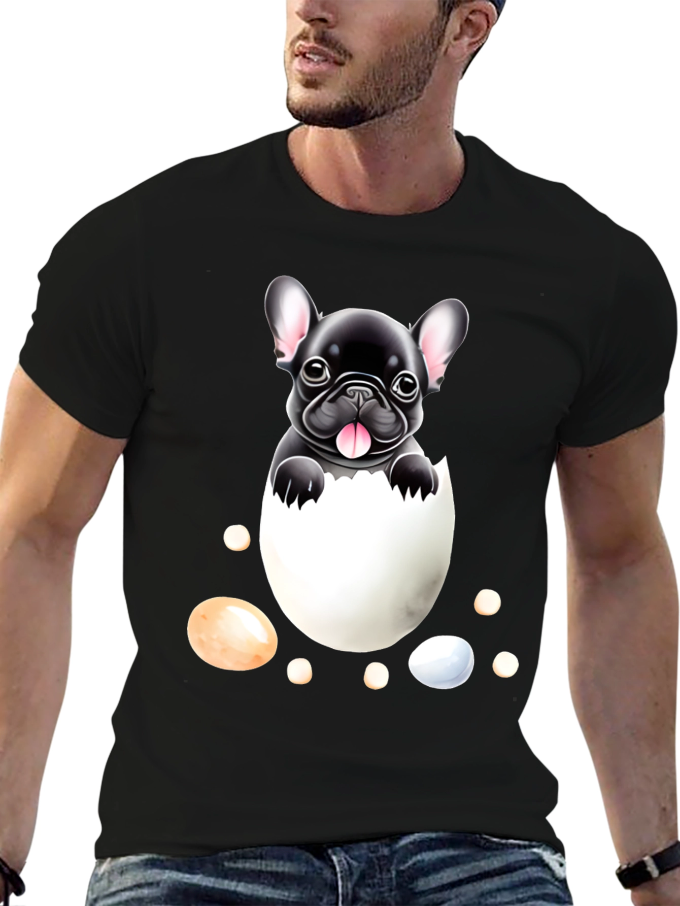Black Bulldog Puppy in Egg Graphic Tee view 6