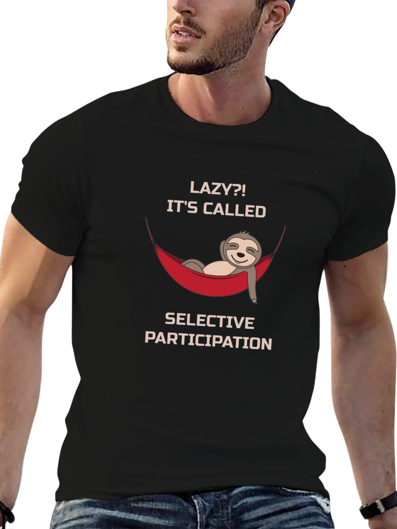 Black Lazy Sloth Graphic T-Shirt - Selective Participation Funny Tee view 6