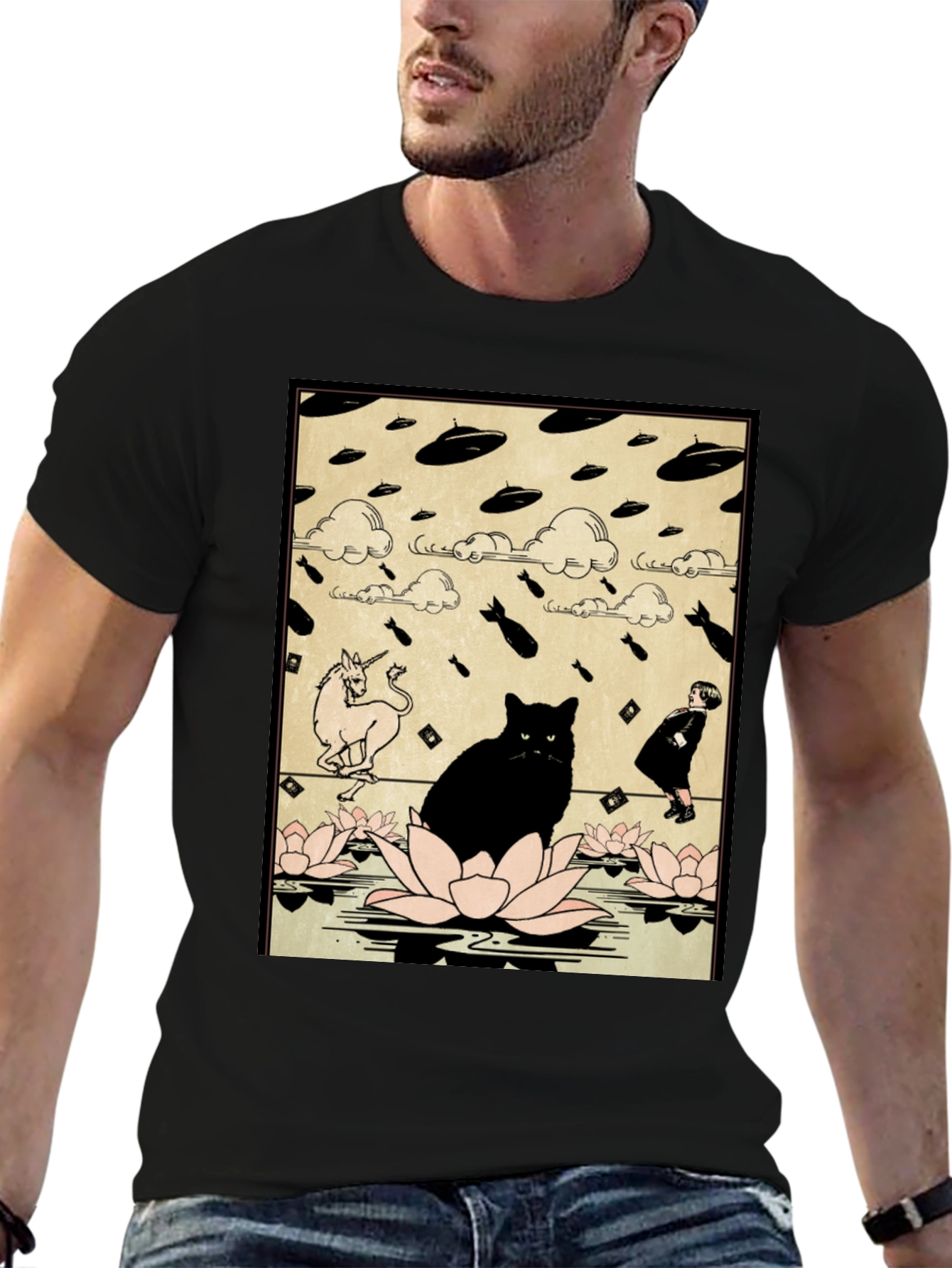 Black Cat & Unicorn Invasion T-Shirt - Funny Graphic Tee view 6