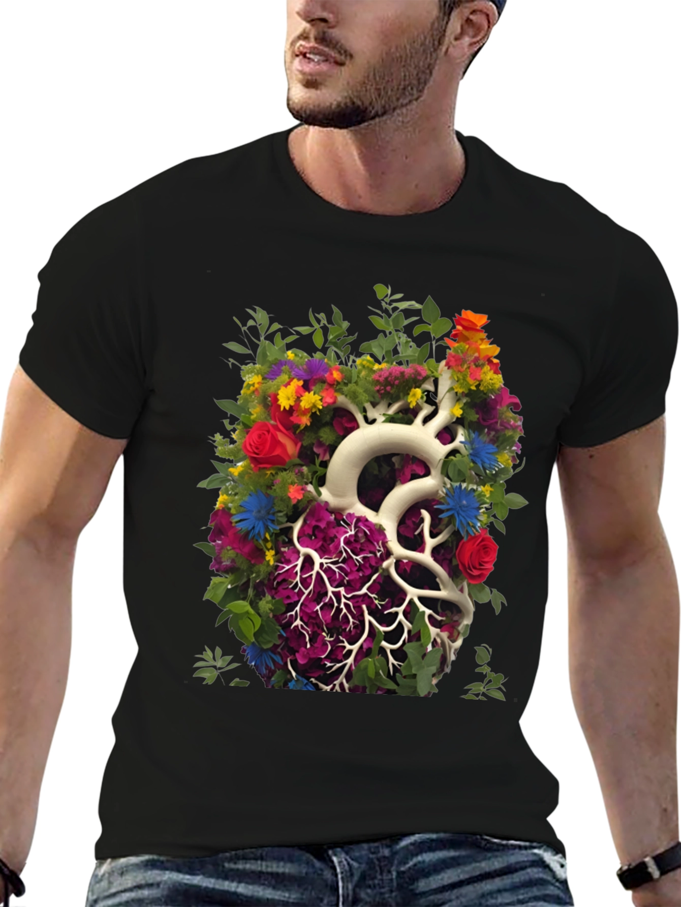 Black Floral Heart Anatomy T-Shirt - Unique Graphic Tee view 6
