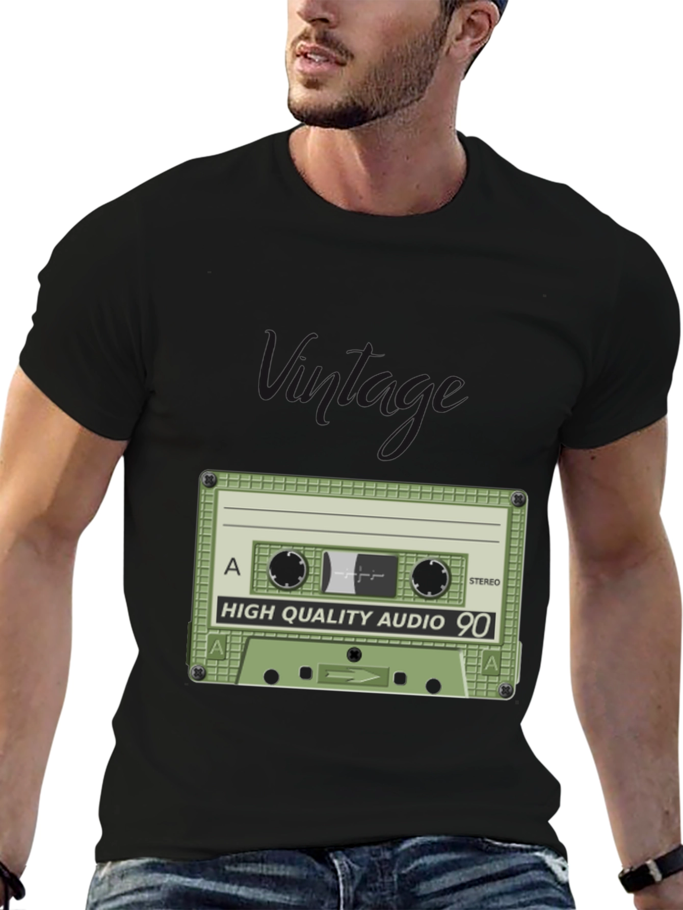 Black Retro Cassette Tape Black T-Shirt - High Quality Audio 90 view 6