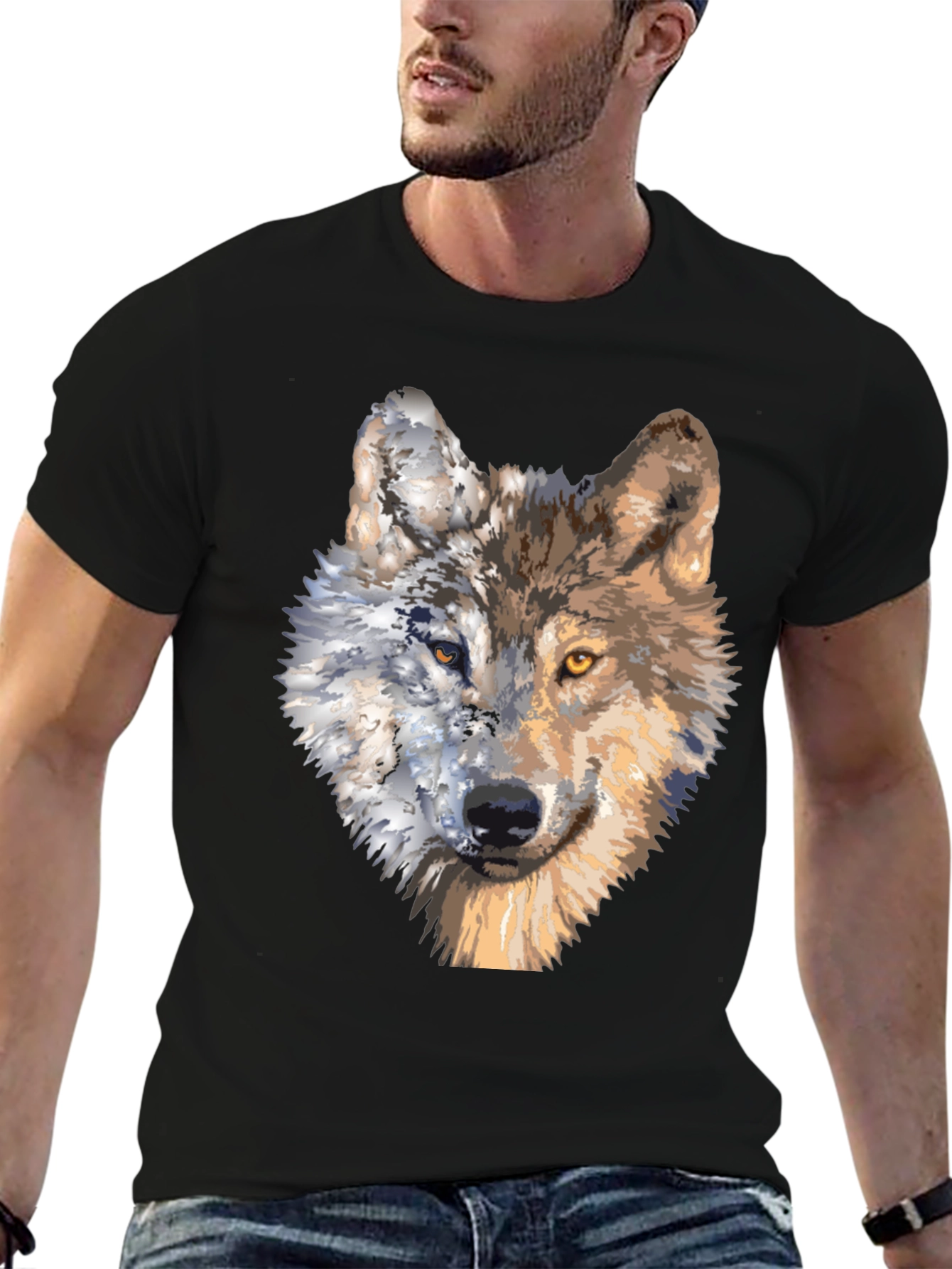 Black Wolf Portrait Graphic Tee - Unique Two-Faced Design view 6