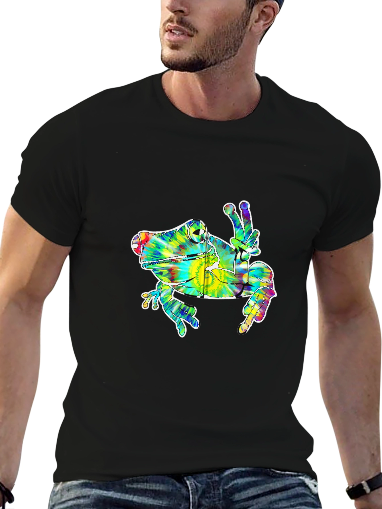 Black Tie Dye Frog Peace Sign Graphic T-Shirt view 6