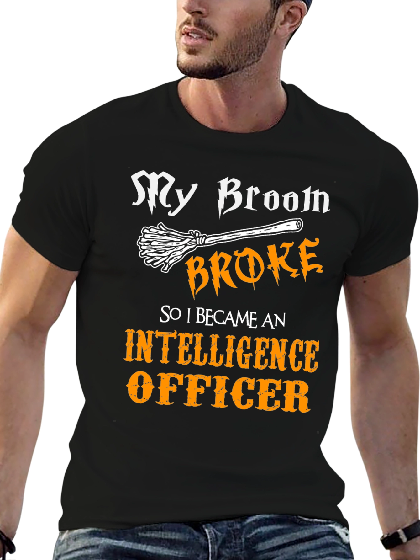 Black Funny Intelligence Officer T-Shirt - My Broom Broke view 6