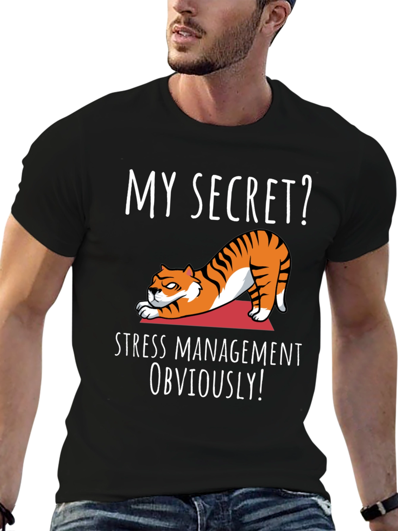 Black Funny Yoga Cat T-Shirt - My Secret? Stress Management Obviously! view 6