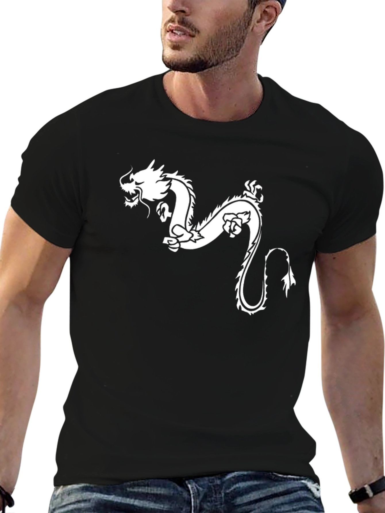 Black Black T-Shirt with White Dragon Graphic view 6