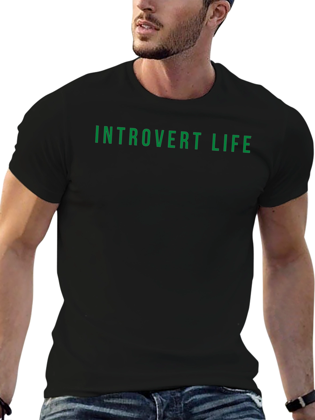 Black Introvert Life T-Shirt - Black Tee with Green Text view 6