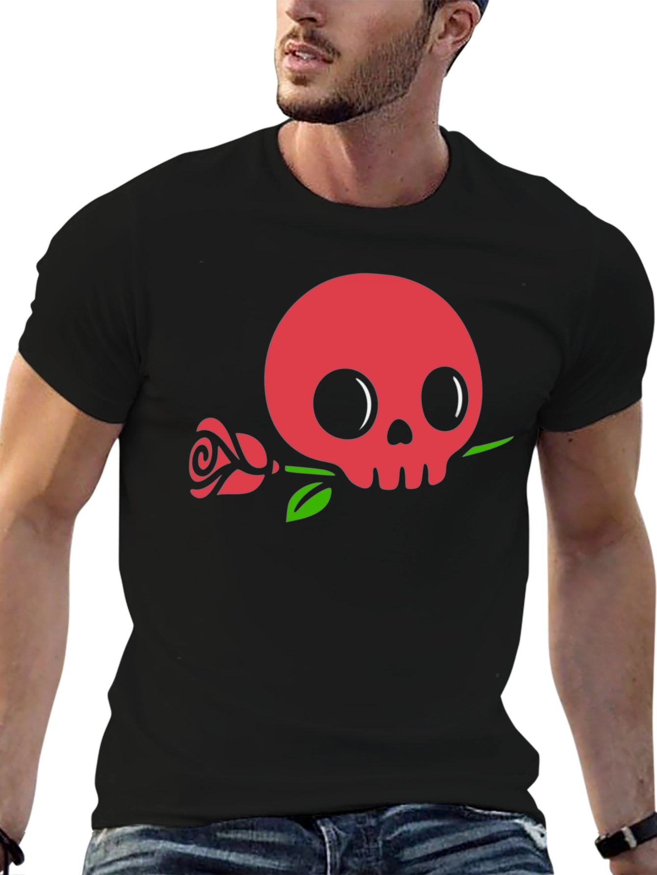 Black Skull & Rose Graphic Tee - Black Cotton Casual view 6