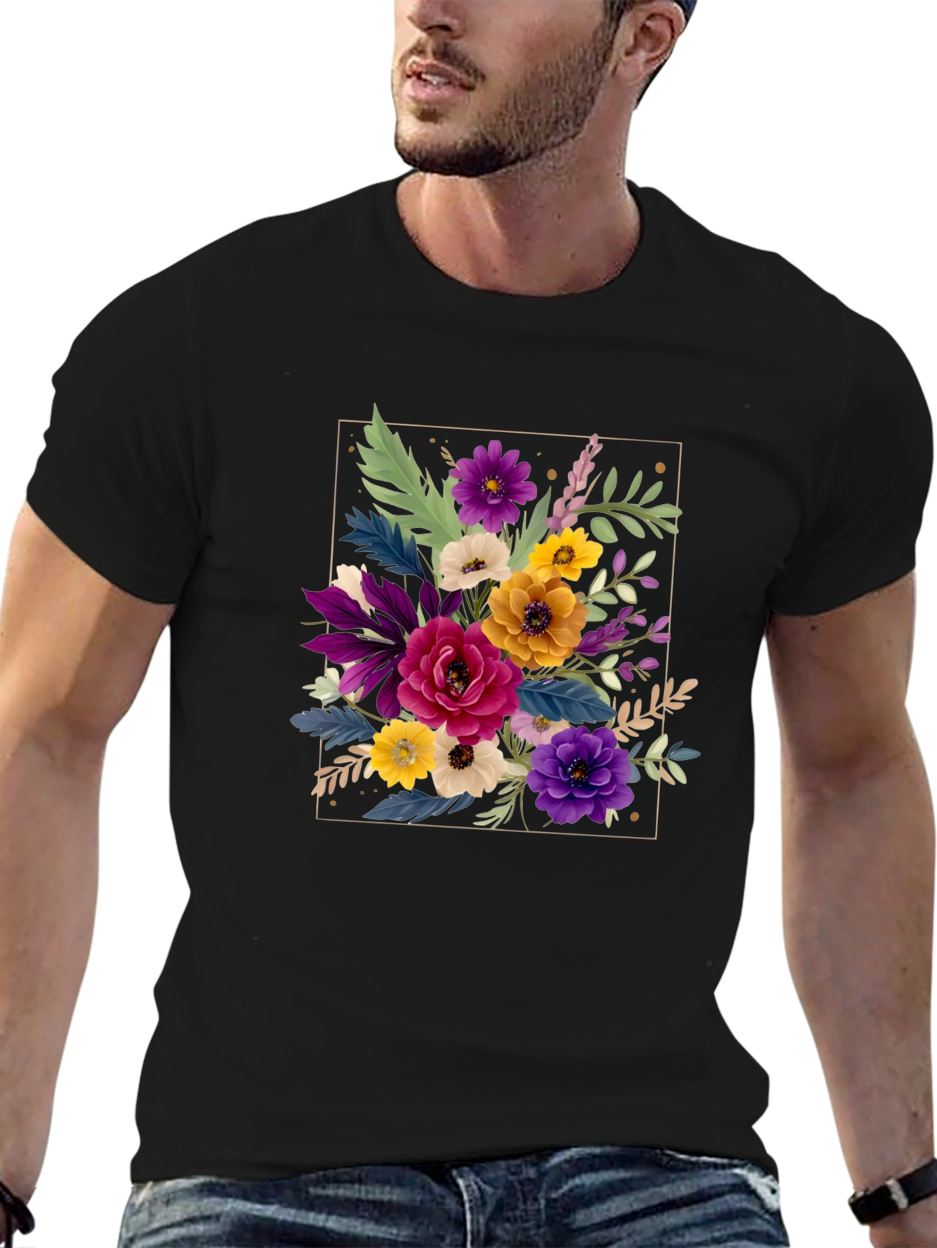 Black Floral Bouquet Graphic Print Men's Black T-Shirt view 6