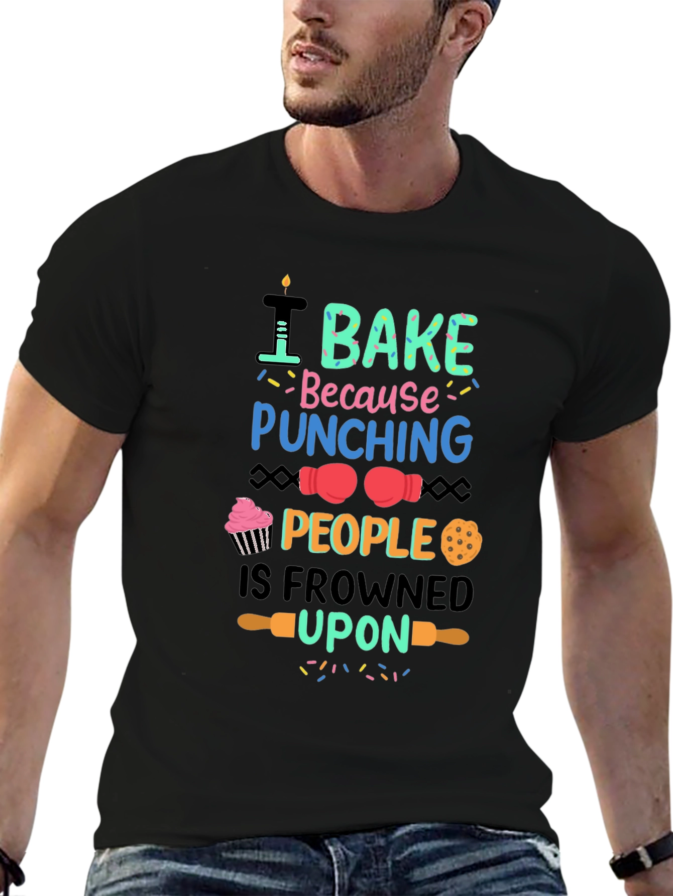 Black I Bake Because Punching People is Frowned Upon Funny T-Shirt view 6