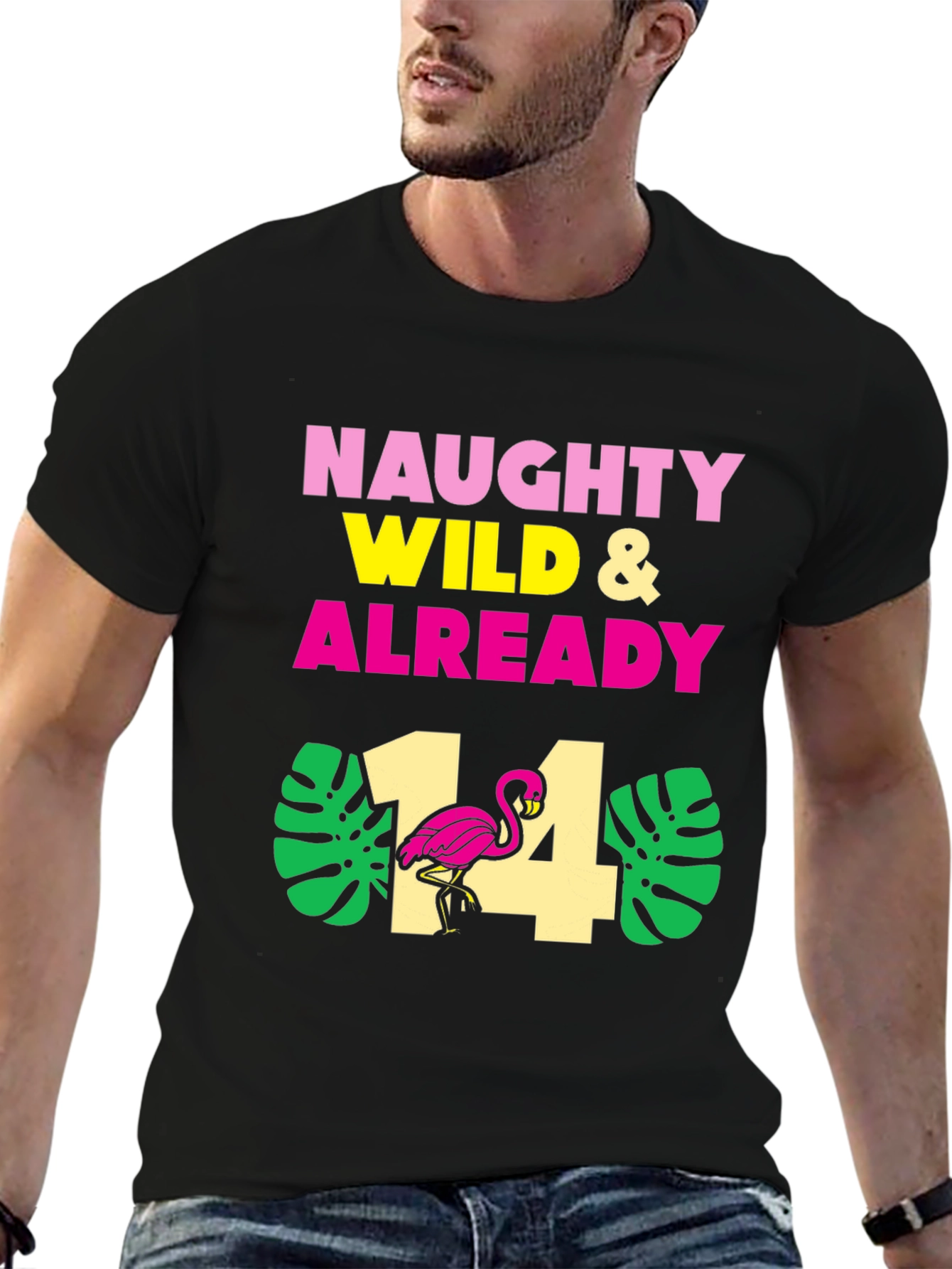 Black Naughty Wild & Already 14 Birthday Flamingo T-Shirt view 6