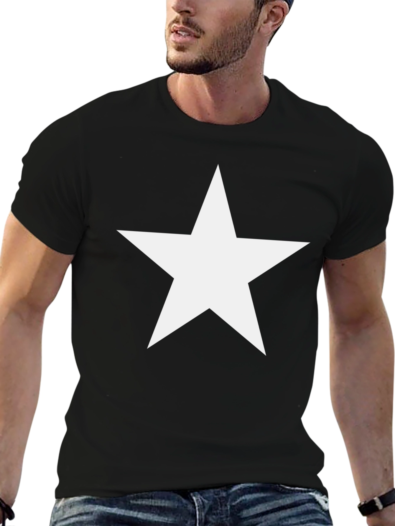 Black Bold Star Graphic Tee - Classic Black Cotton Shirt view 6