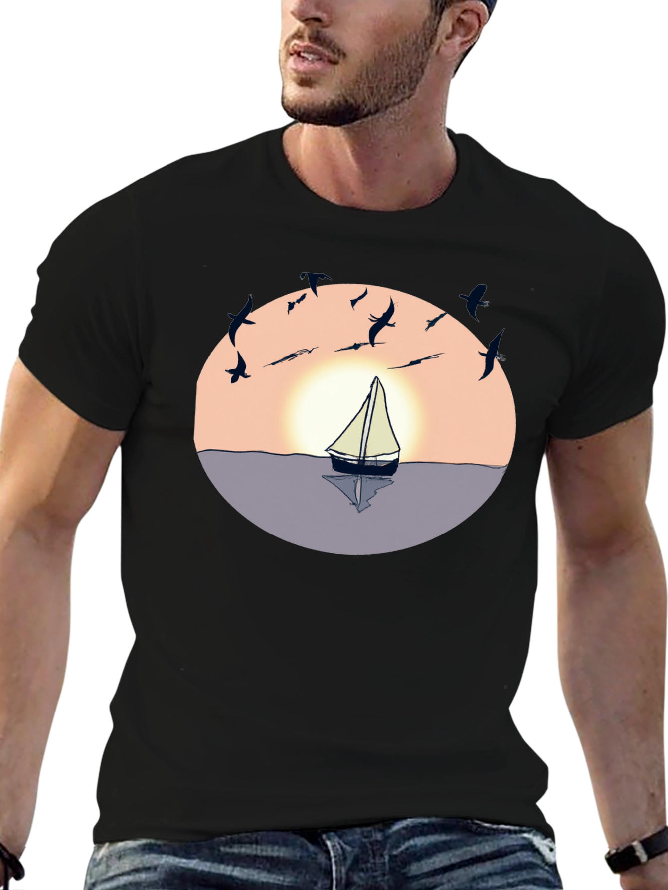 Black Sunset Sailboat Graphic Tee - Black Cotton Blend view 6