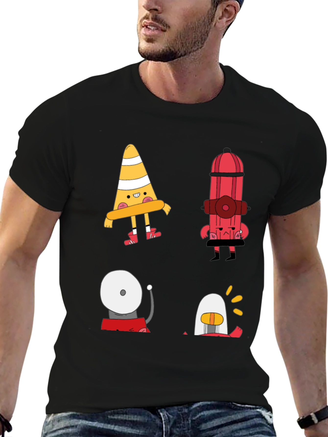Black Cartoon Fire Safety Black T-Shirt view 6