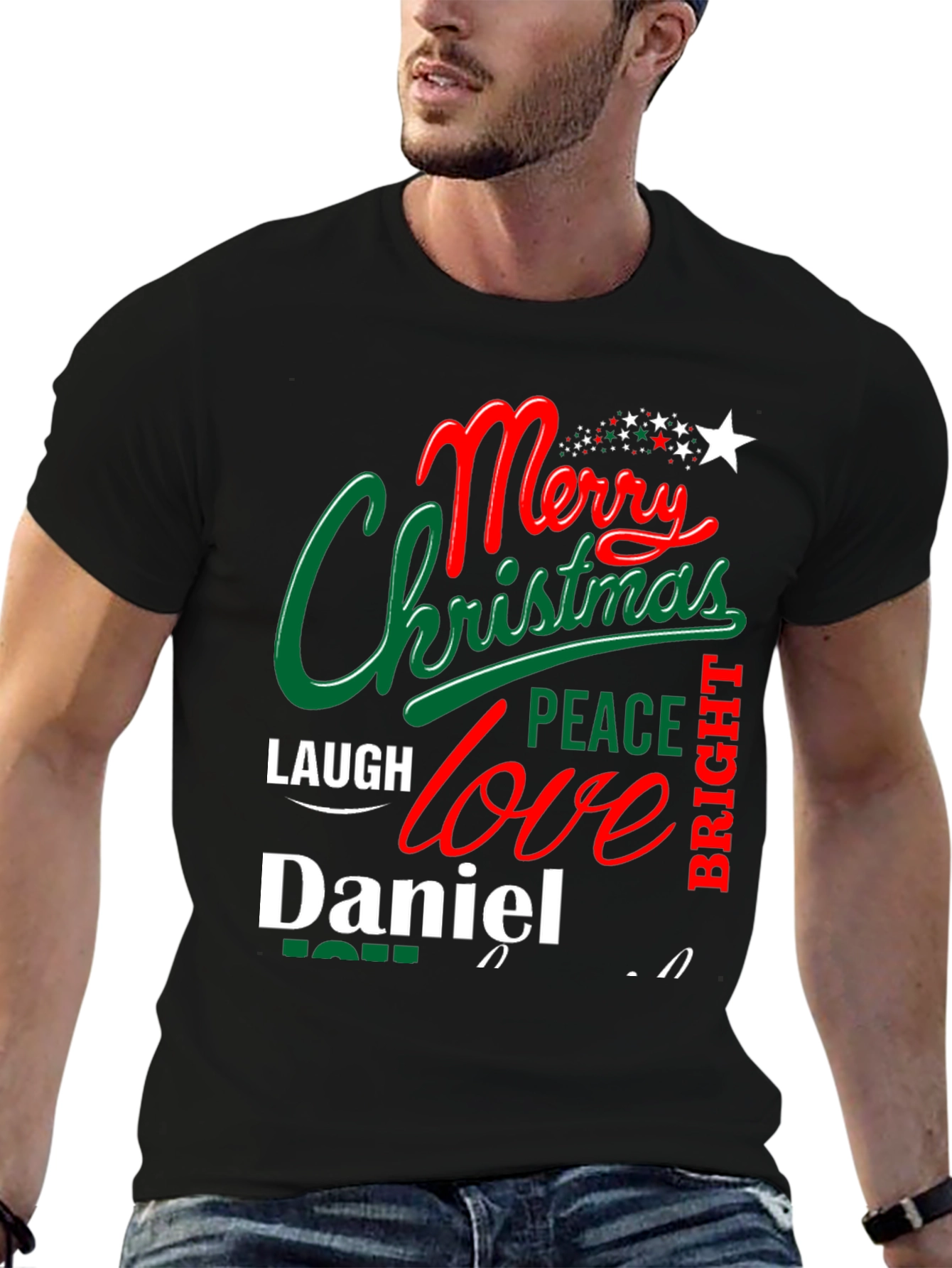 Black Merry Christmas Daniel T-Shirt - Holiday Festive Tee view 6