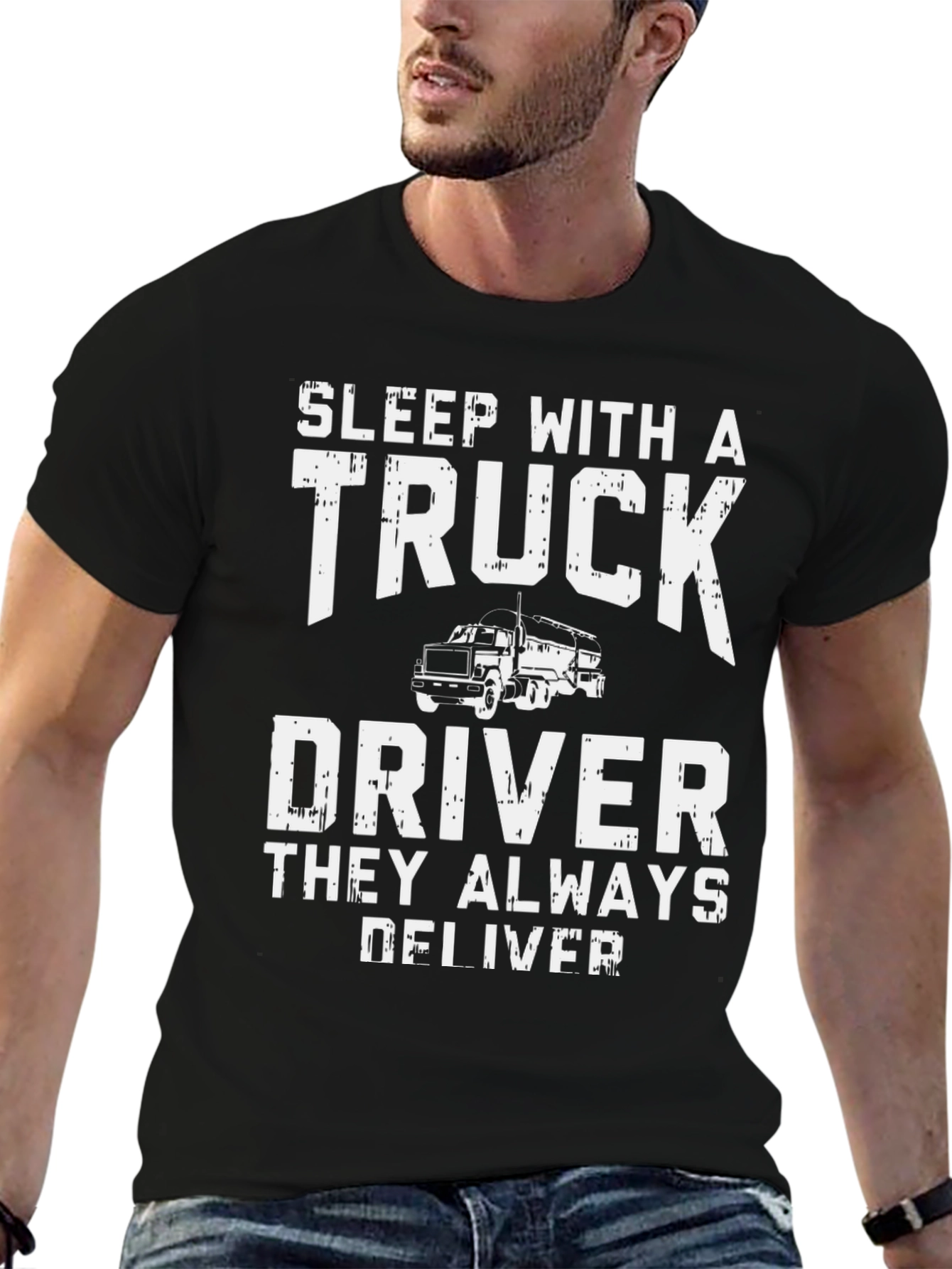 Black Truck Driver T-Shirt - Sleep With A Trucker view 6