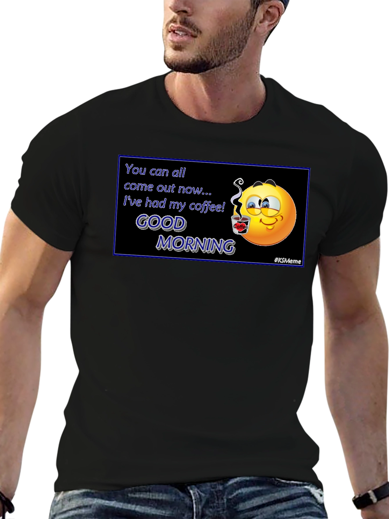 Black Funny Coffee Emoji T-Shirt - Good Morning Meme Tee view 6