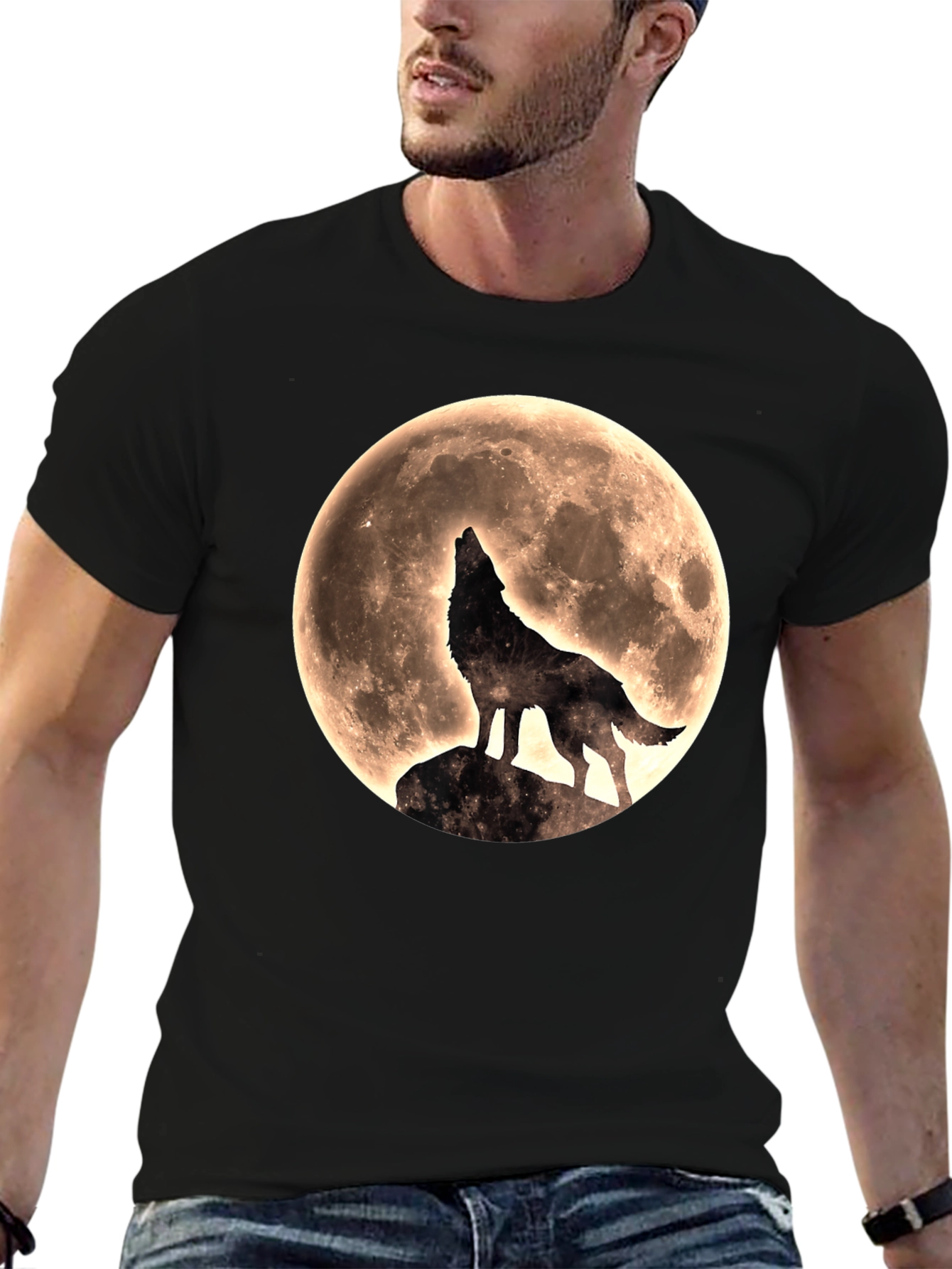 Black Wolf Howling at Moon Graphic T-Shirt - Black view 6