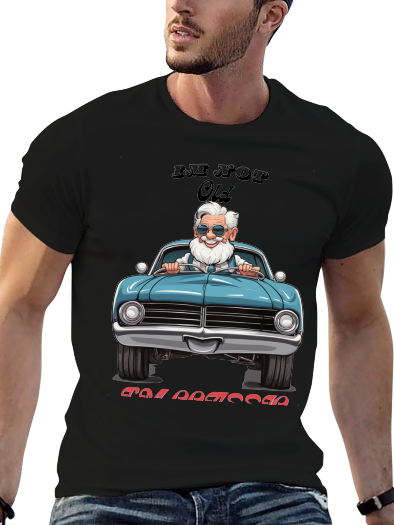 Black Funny Old Man Driving Classic Car T-Shirt view 6