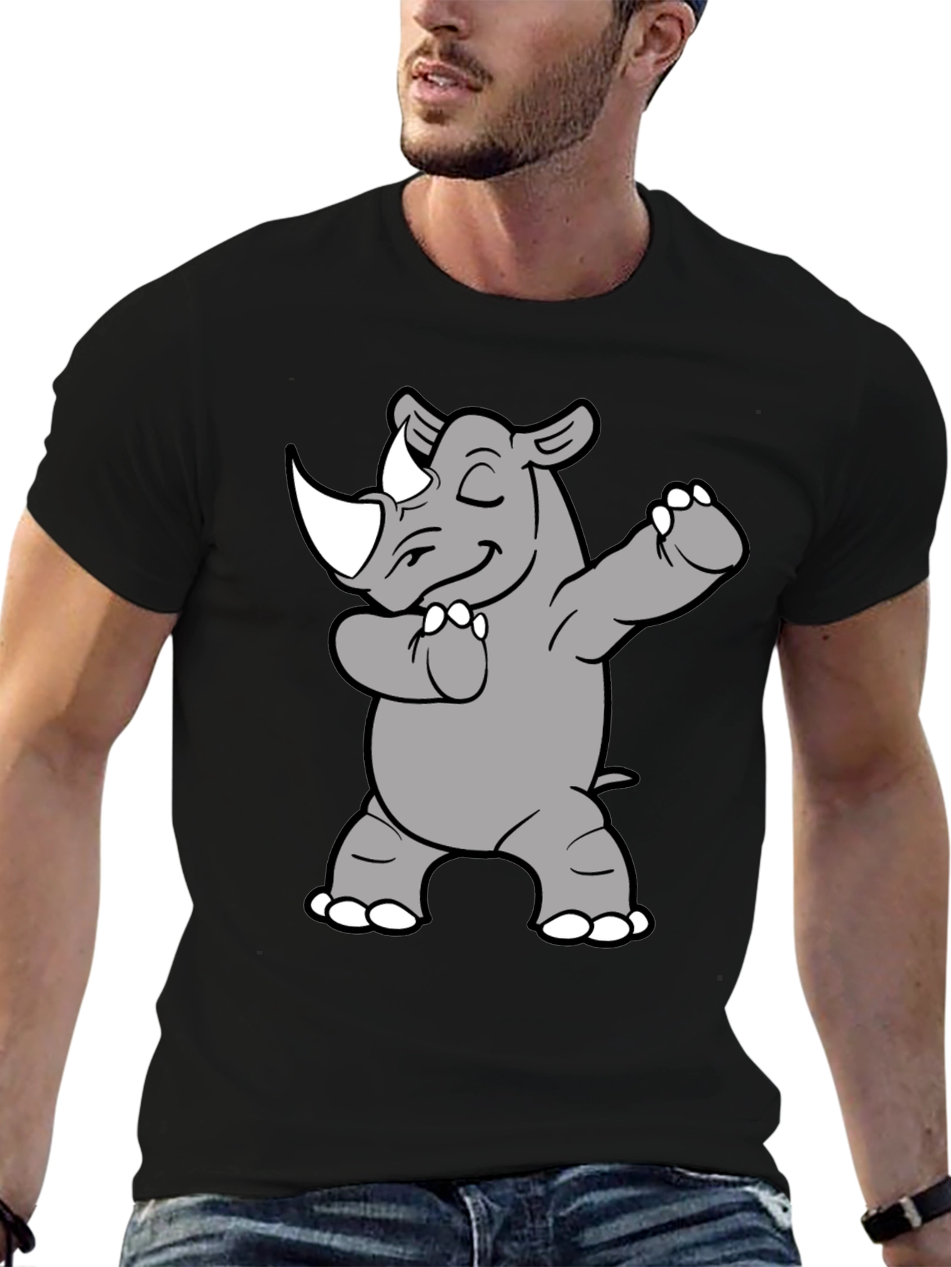 Black Dabbing Rhino Graphic Tee - Black Cotton Blend view 6