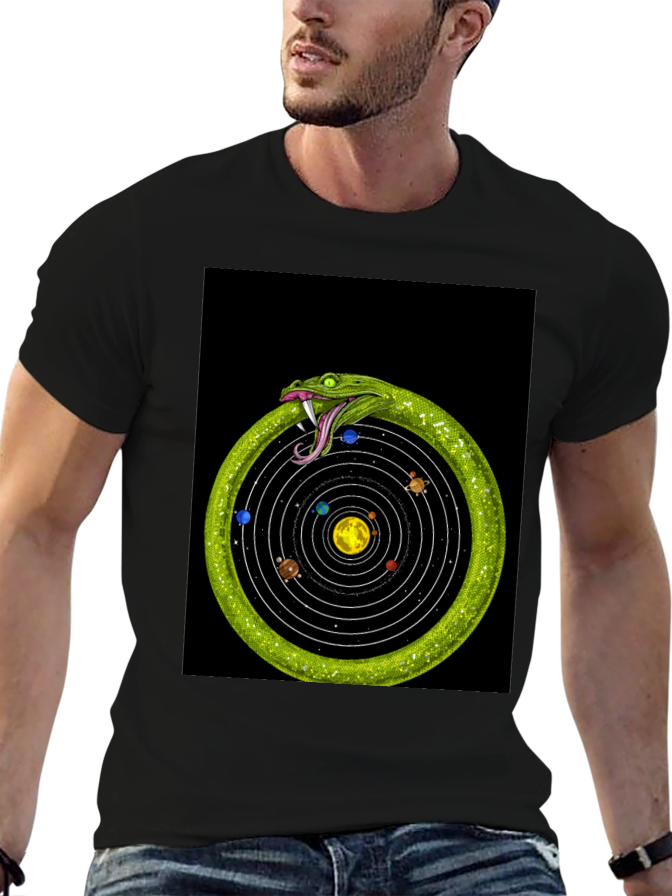 Black Ouroboros Solar System T-Shirt view 6