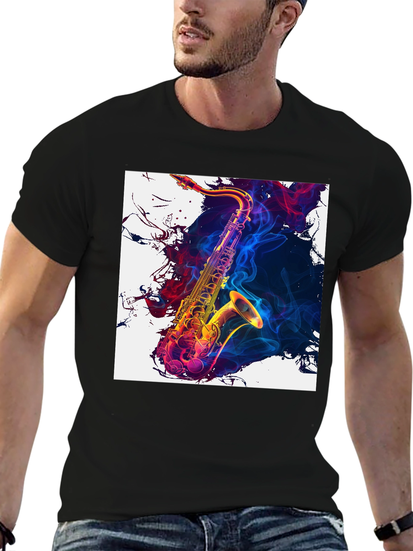 Black Saxophone Art Graphic Tee - Cool Music Lover Shirt view 6