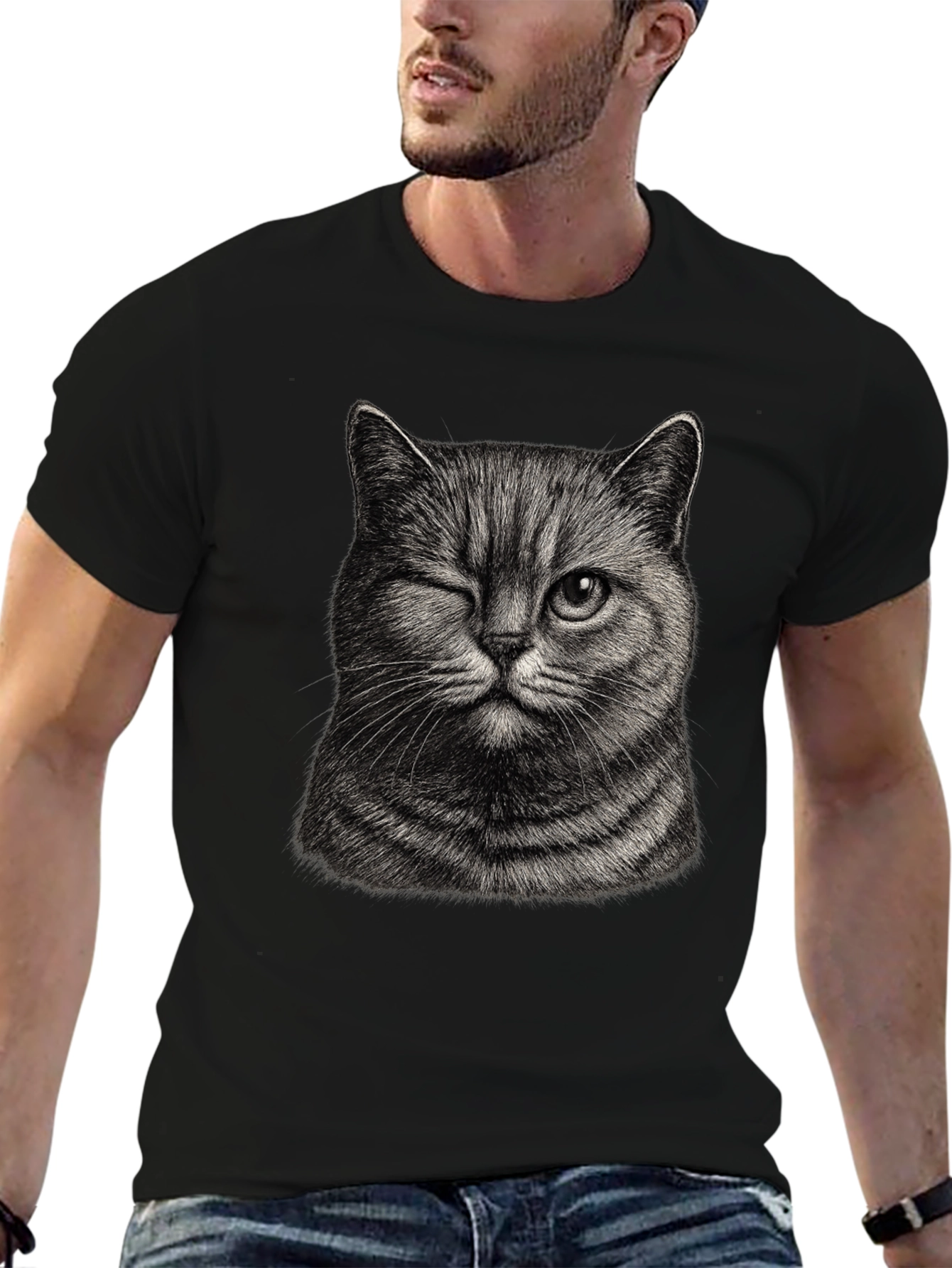 Black Winking Cat Graphic Tee - Men's Black T-Shirt view 6