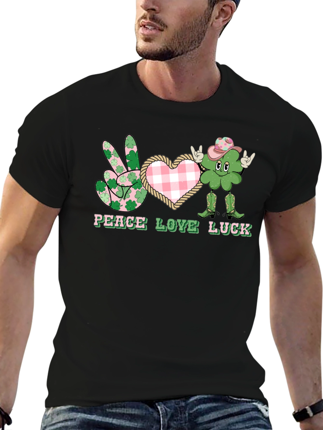 Black Peace Love Luck St. Patrick's Day T-Shirt view 6
