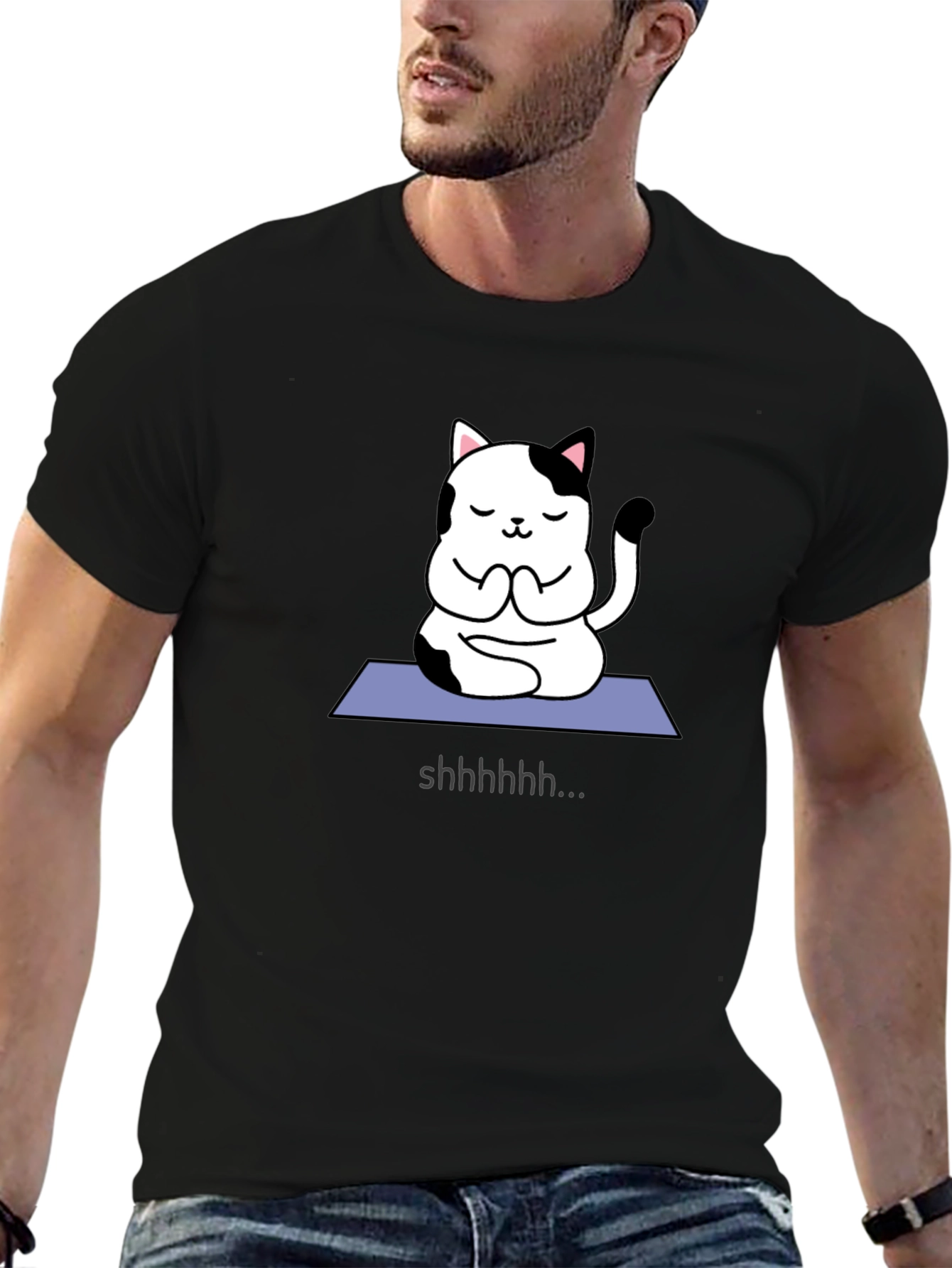 Black Zen Cat Meditation Black T-Shirt view 6