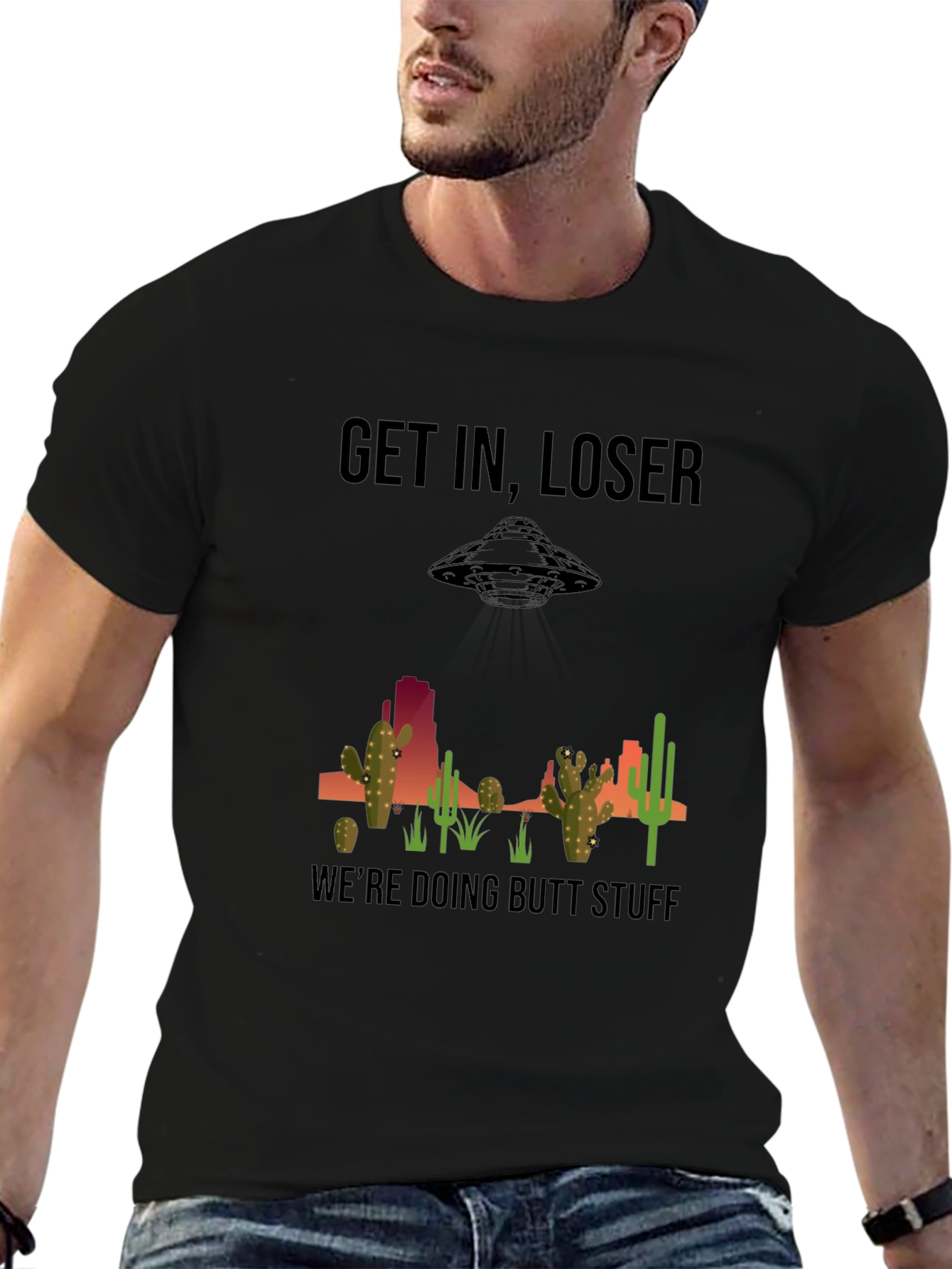 Black Get In Loser T-Shirt - Alien Abduction Humor view 6