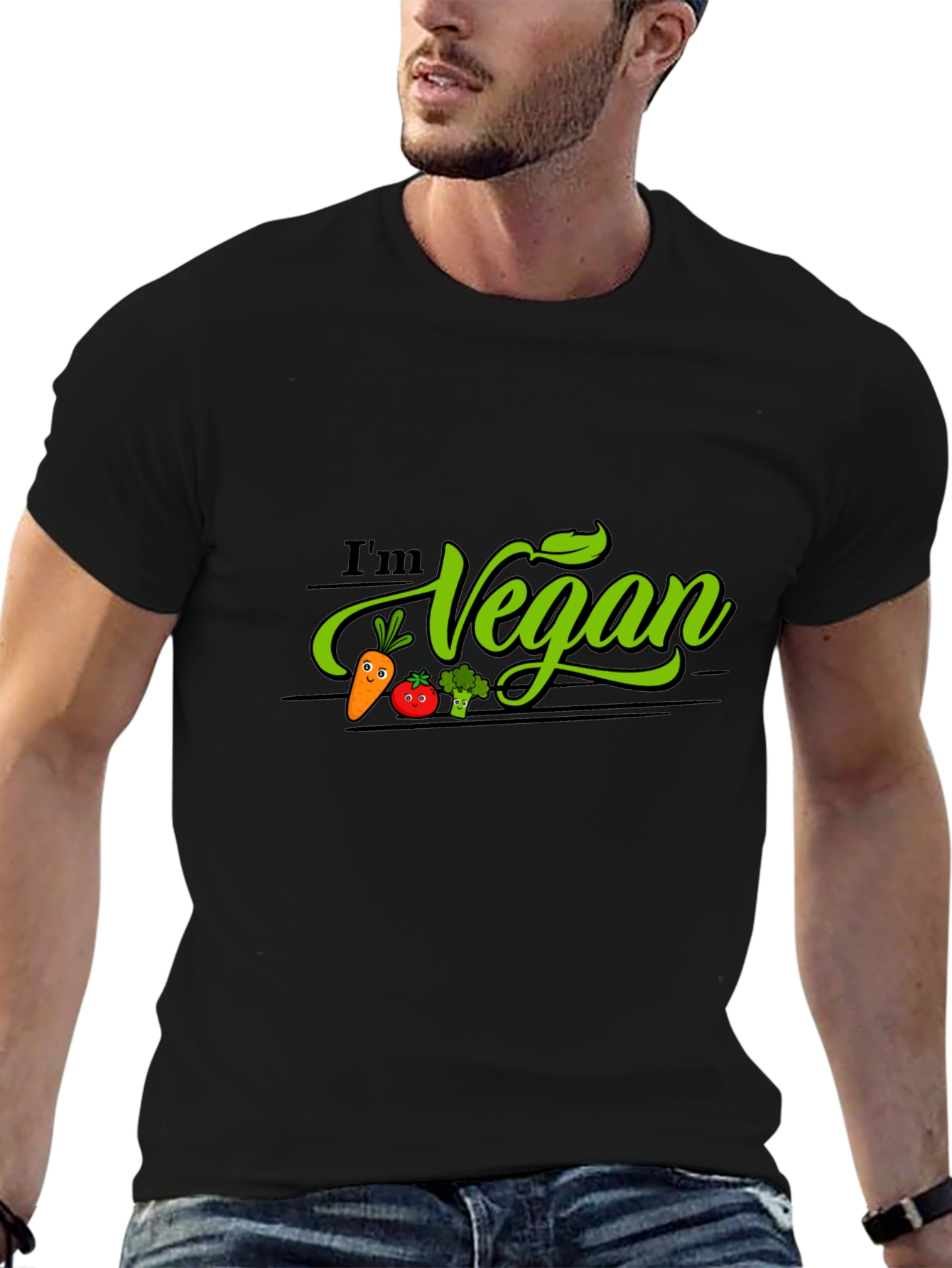 Black I'm Vegan Graphic T-Shirt - Black, Crew Neck view 6