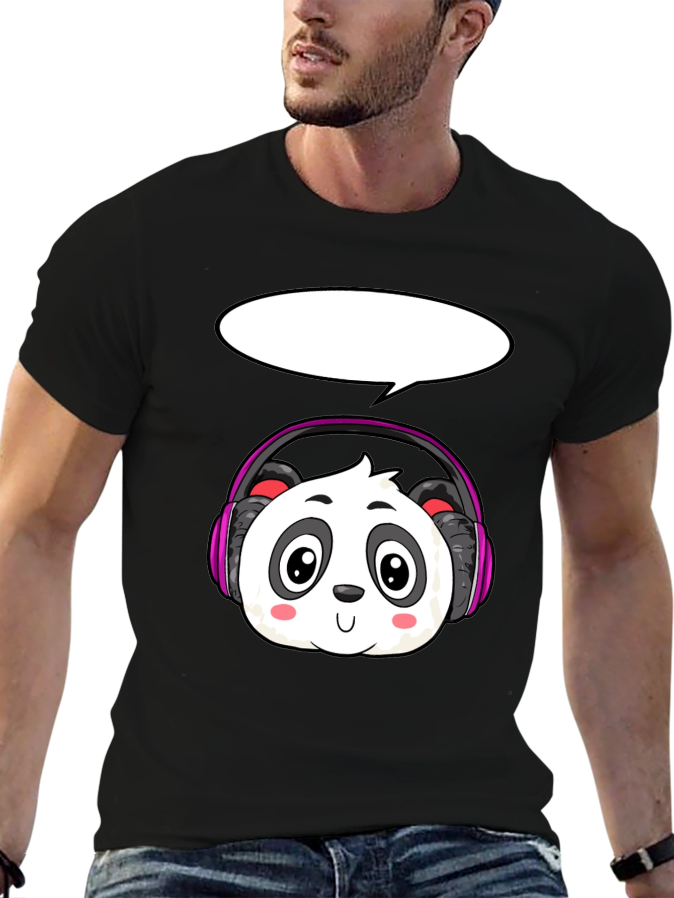 Black Cartoon Panda with Headphones T-Shirt view 6