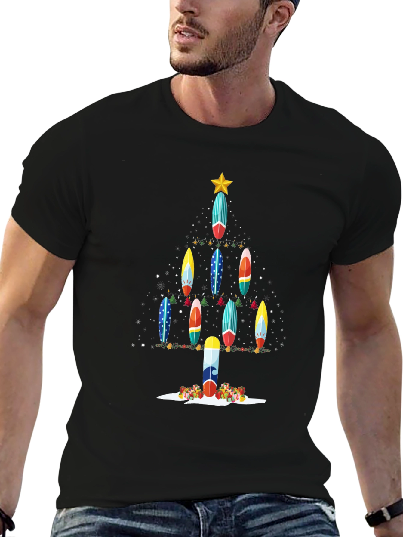 Black Surfboard Christmas Tree T-Shirt view 6
