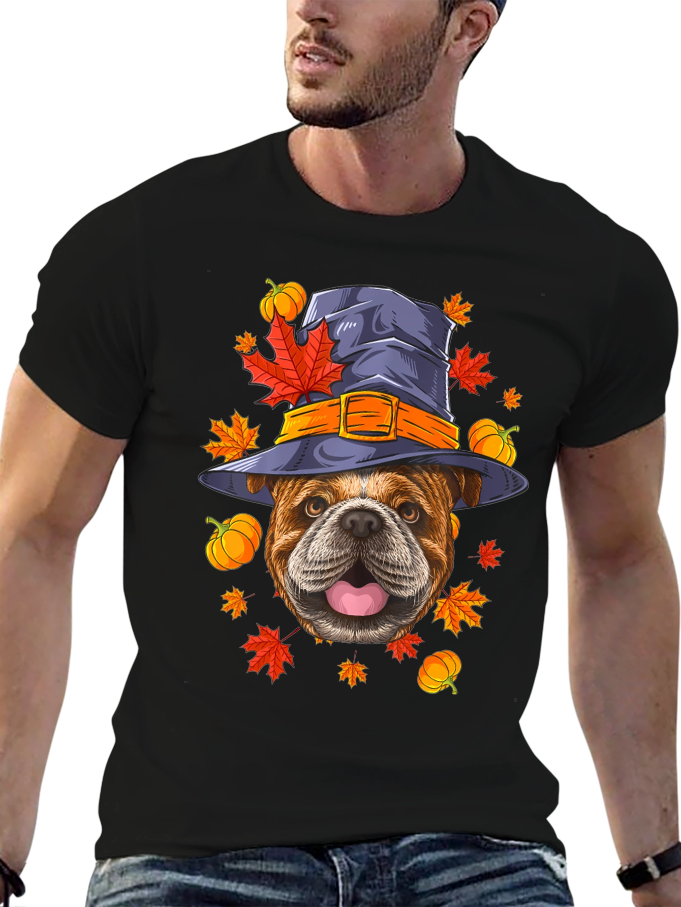 Black Bulldog Witch Hat Fall T-Shirt view 6