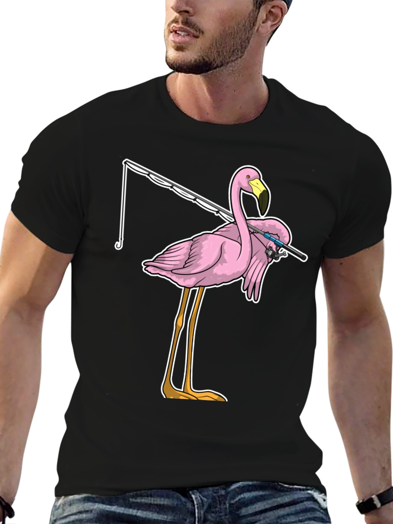 Black Fishing Flamingo T-Shirt - Funny Bird Tee view 6