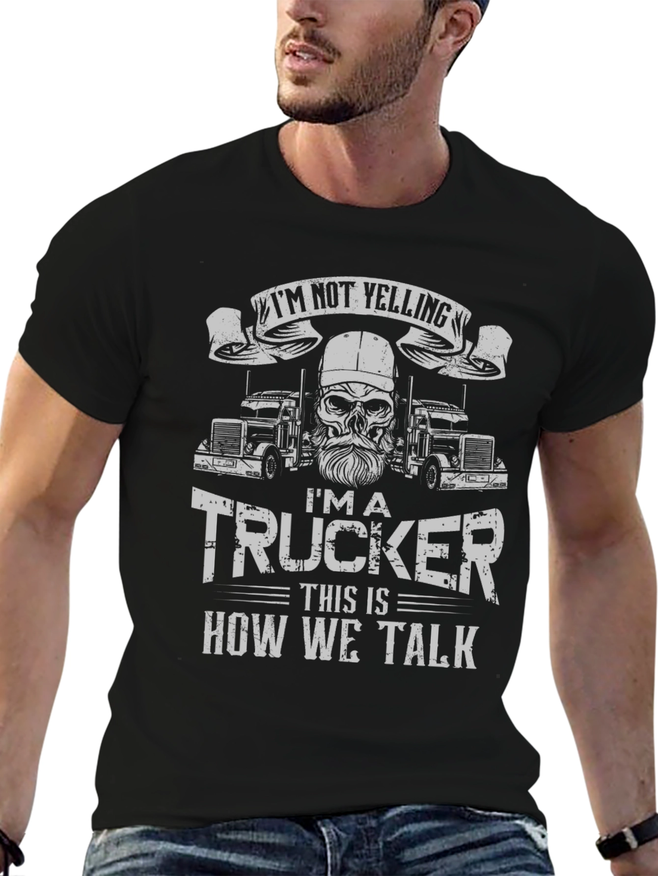 Black I'm Not Yelling Trucker T-Shirt view 6