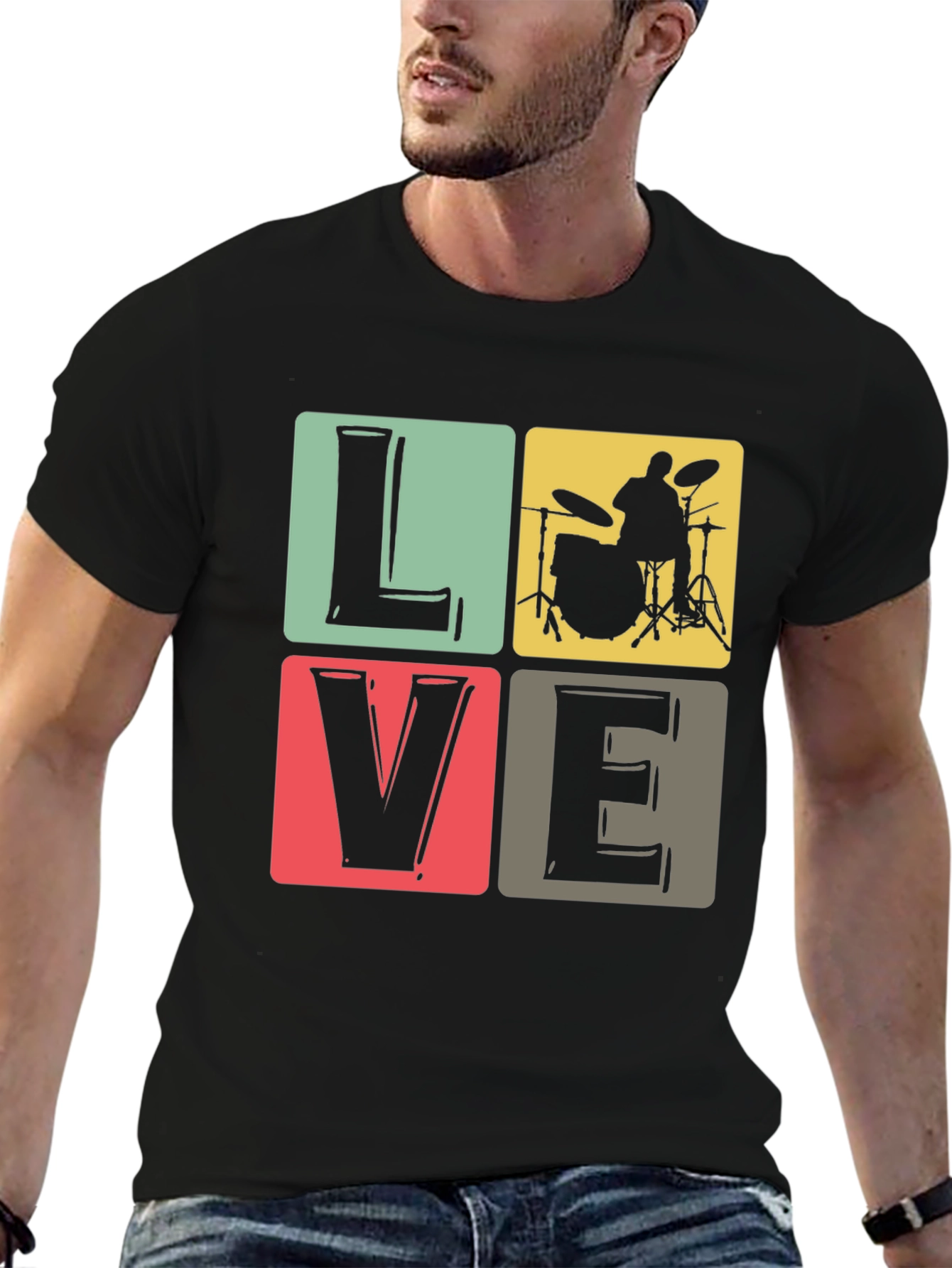 Black Love Music Drummer T-Shirt, Black Crew Neck view 6