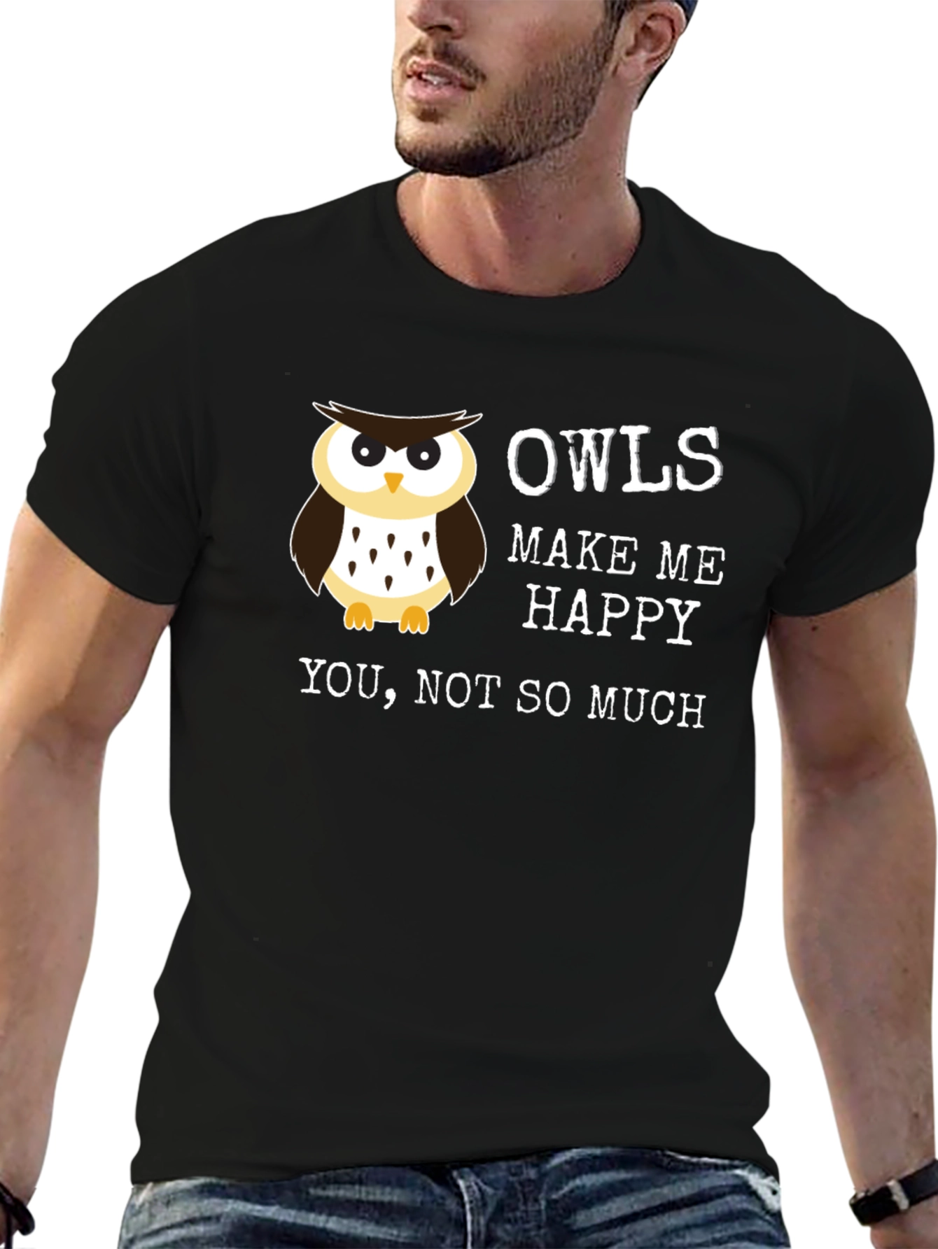 Black Funny Owl T-Shirt - Owls Make Me Happy view 6
