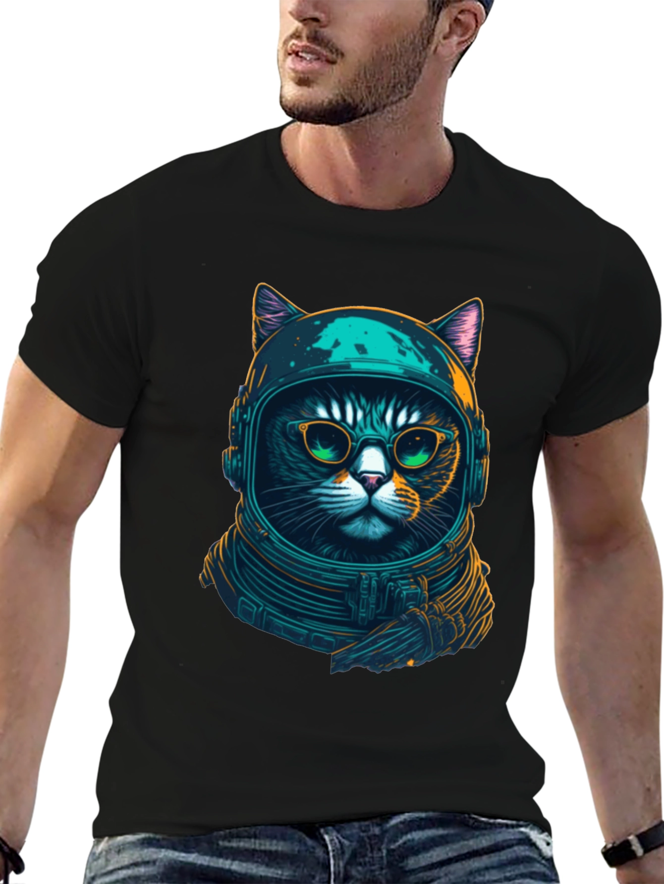 Black Cosmic Cat T-Shirt - Astronaut Kitty Design view 6