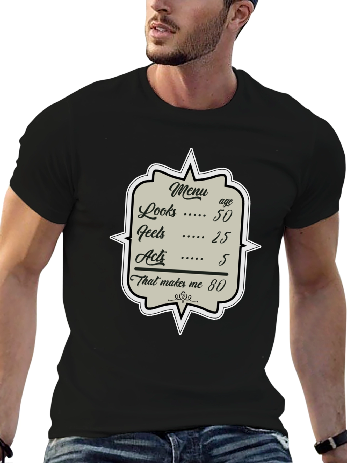 Black Humorous 80th Birthday Menu T-Shirt view 6
