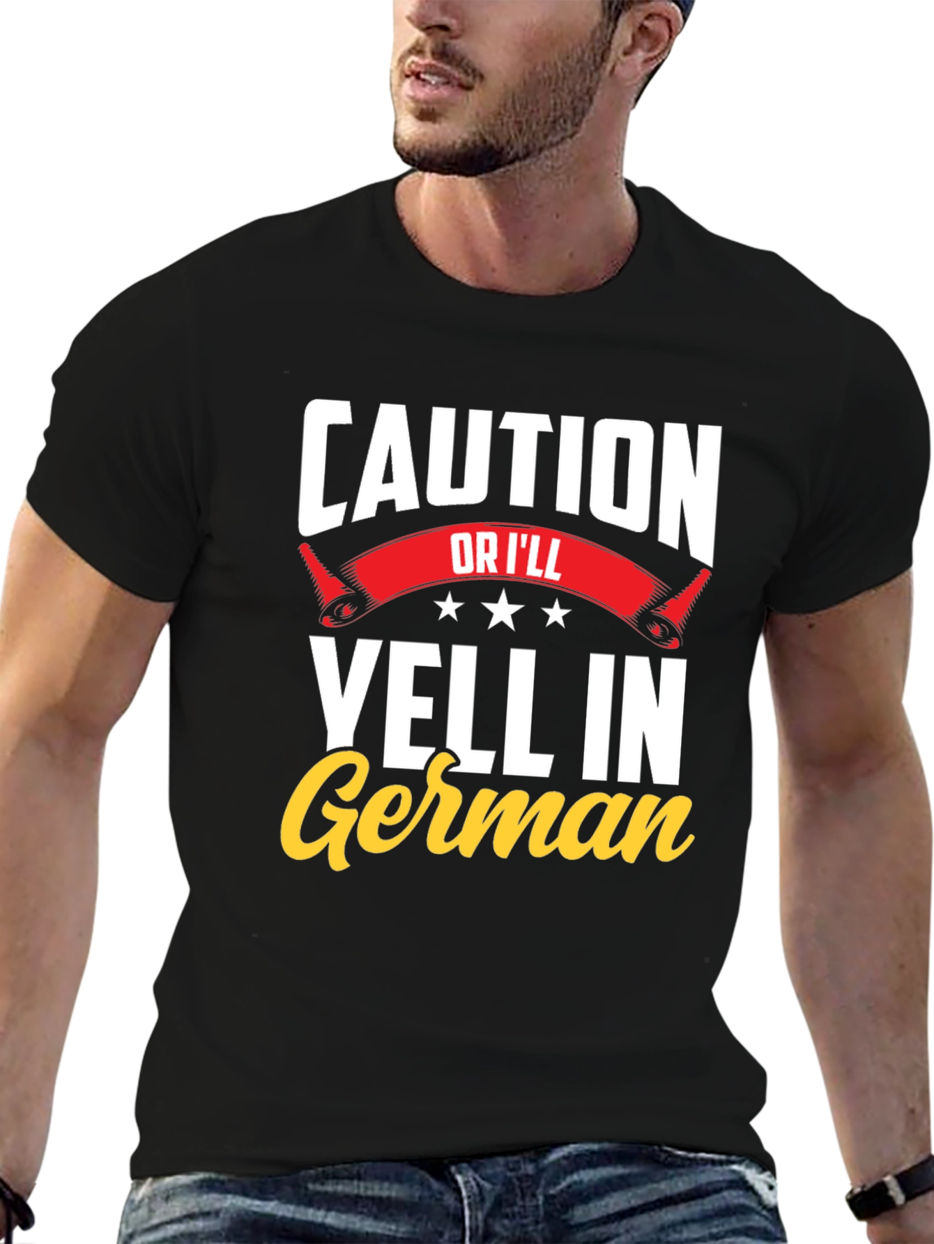 Black Caution, I'll Yell in German T-Shirt - Funny view 6