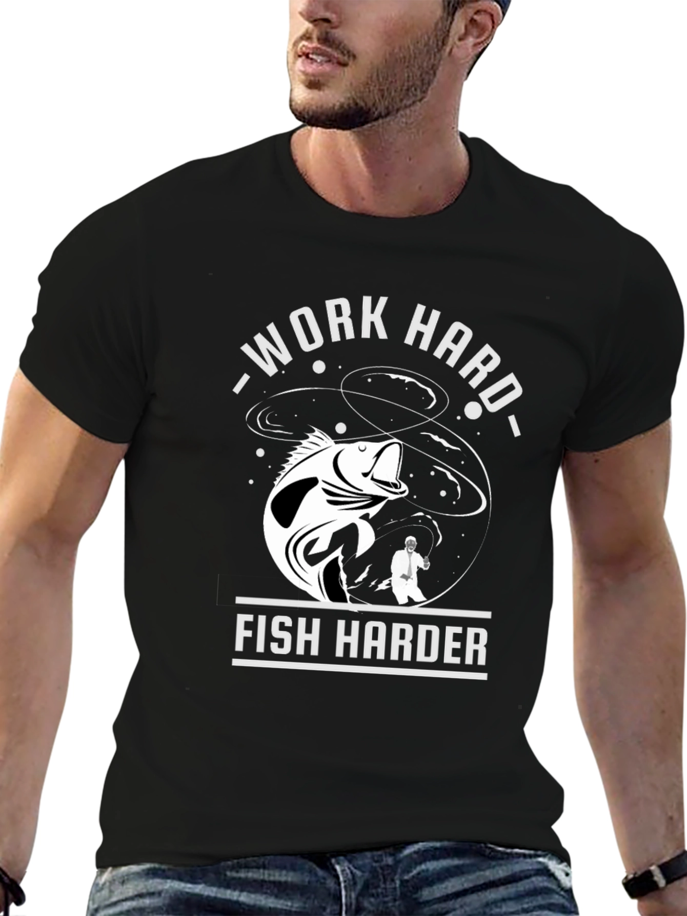 Black Work Hard Fish Harder Graphic T-Shirt view 6