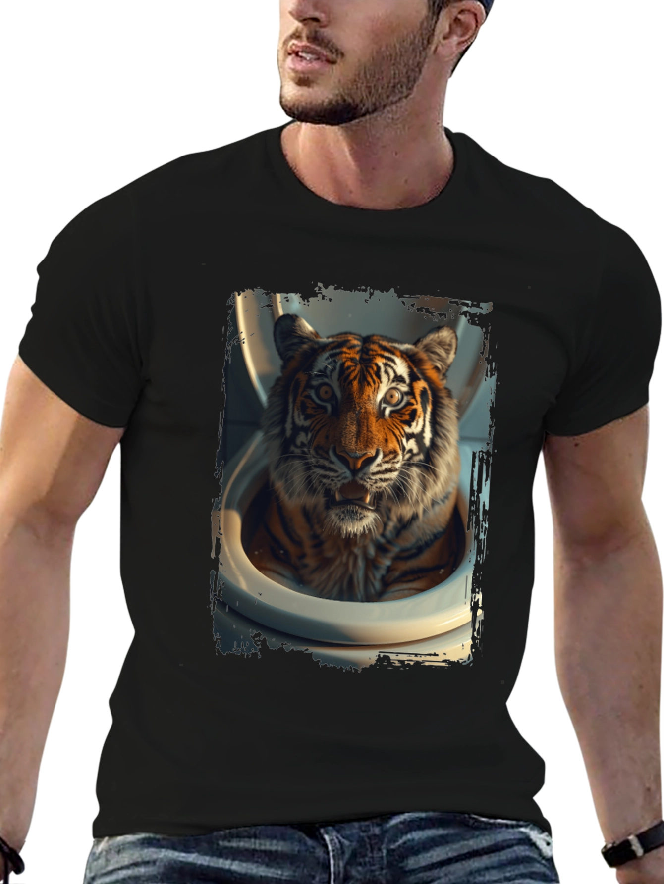 Black Tiger in Toilet Graphic Tee - Black Cotton T-Shirt view 6