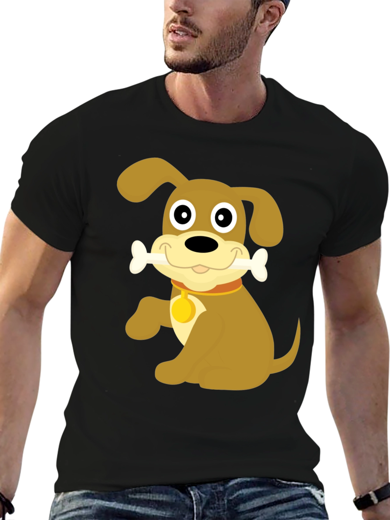 Black Cute Dog Bone Cartoon Black T-Shirt view 6