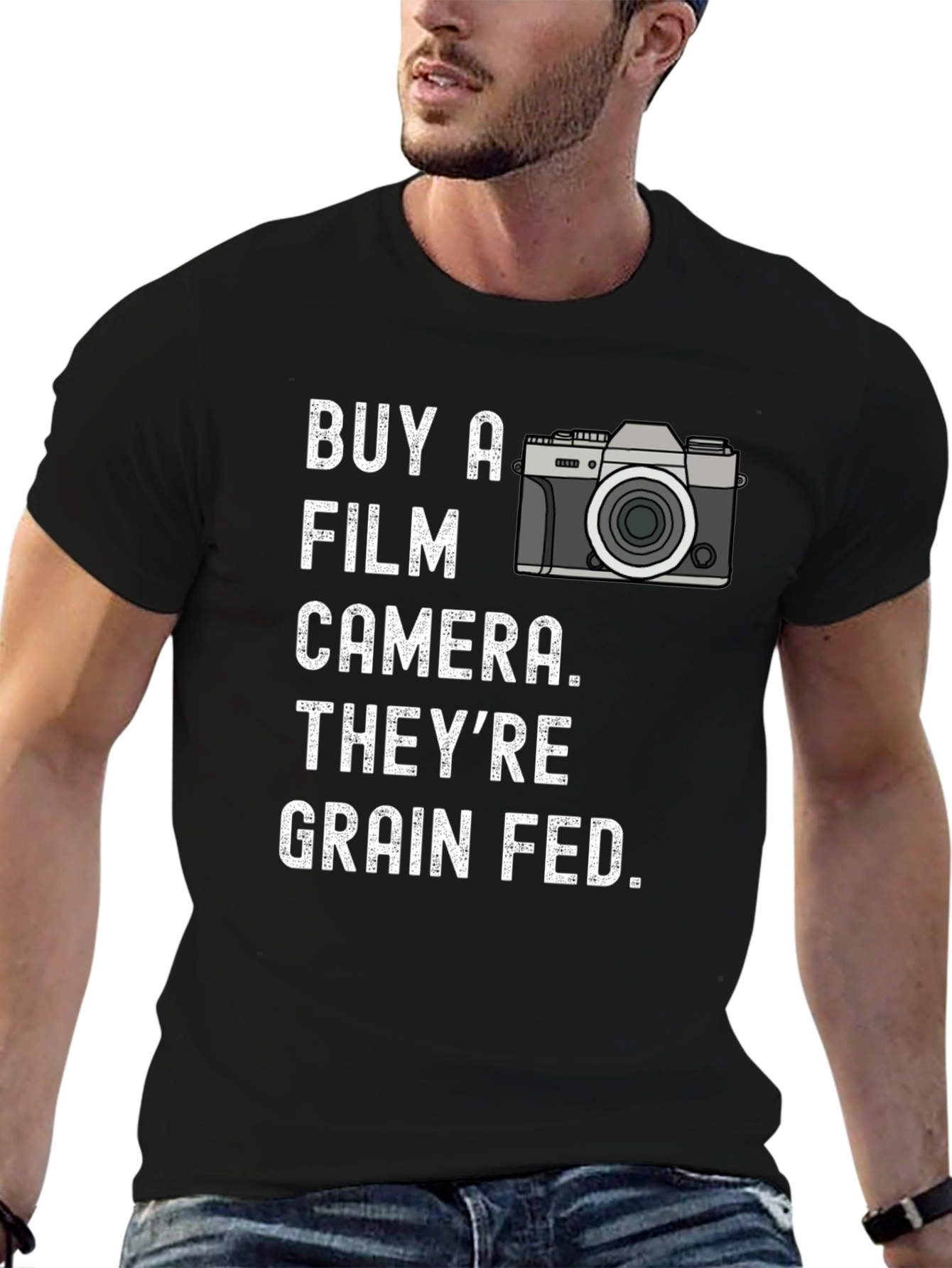 Black Buy a Film Camera T-Shirt - Grain Fed Humor Tee view 6