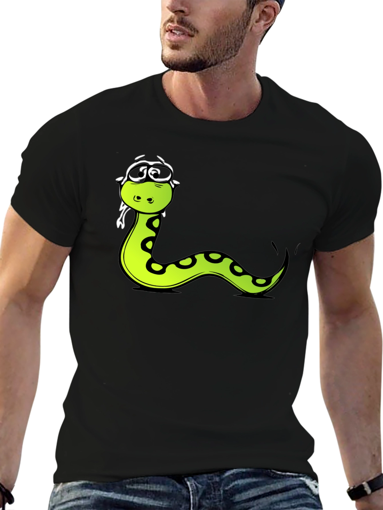 Black Funny Snake Cartoon Graphic Tee - Black T-Shirt view 6