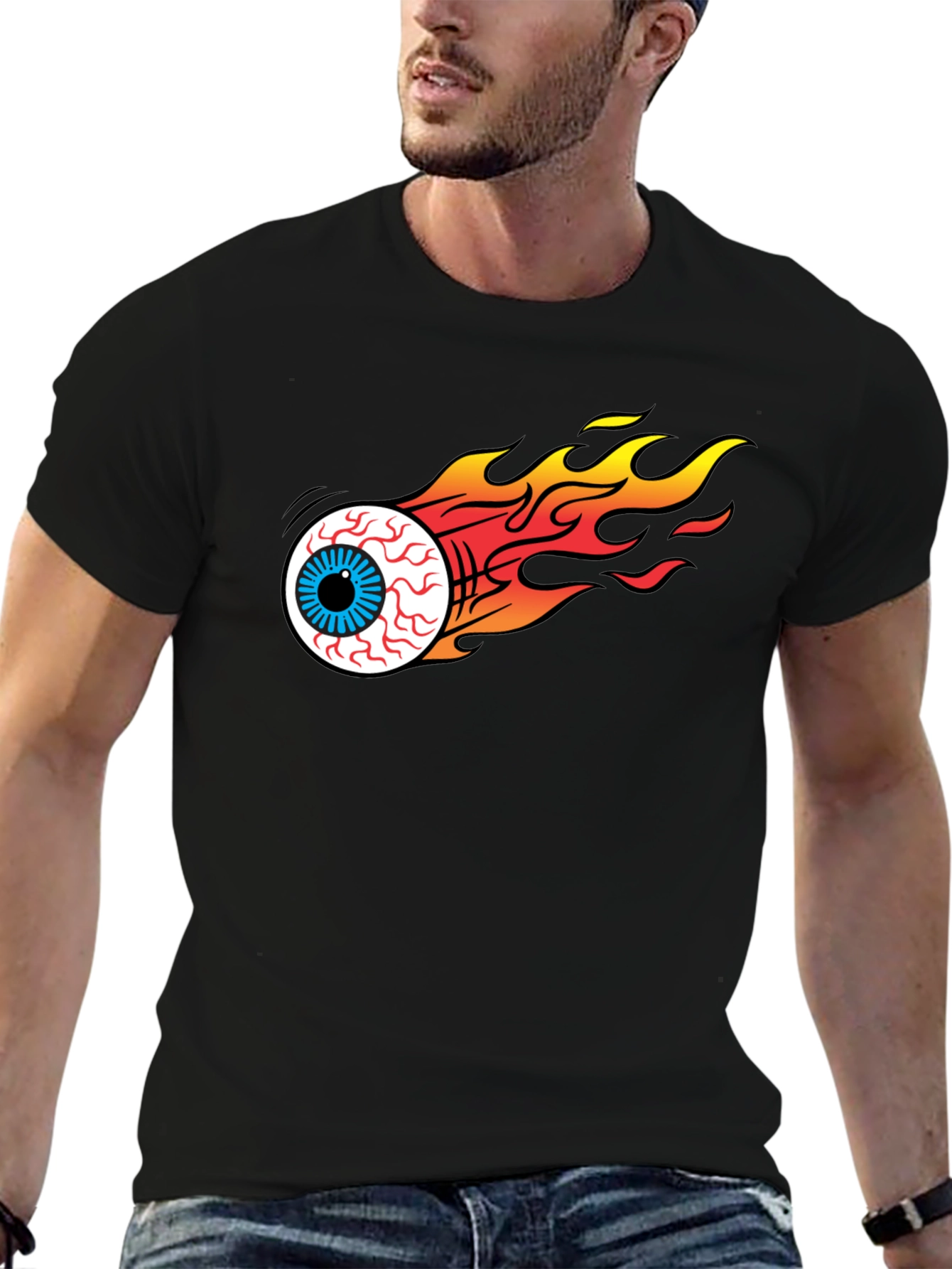 Black Flaming Eyeball Graphic Black T-Shirt view 6