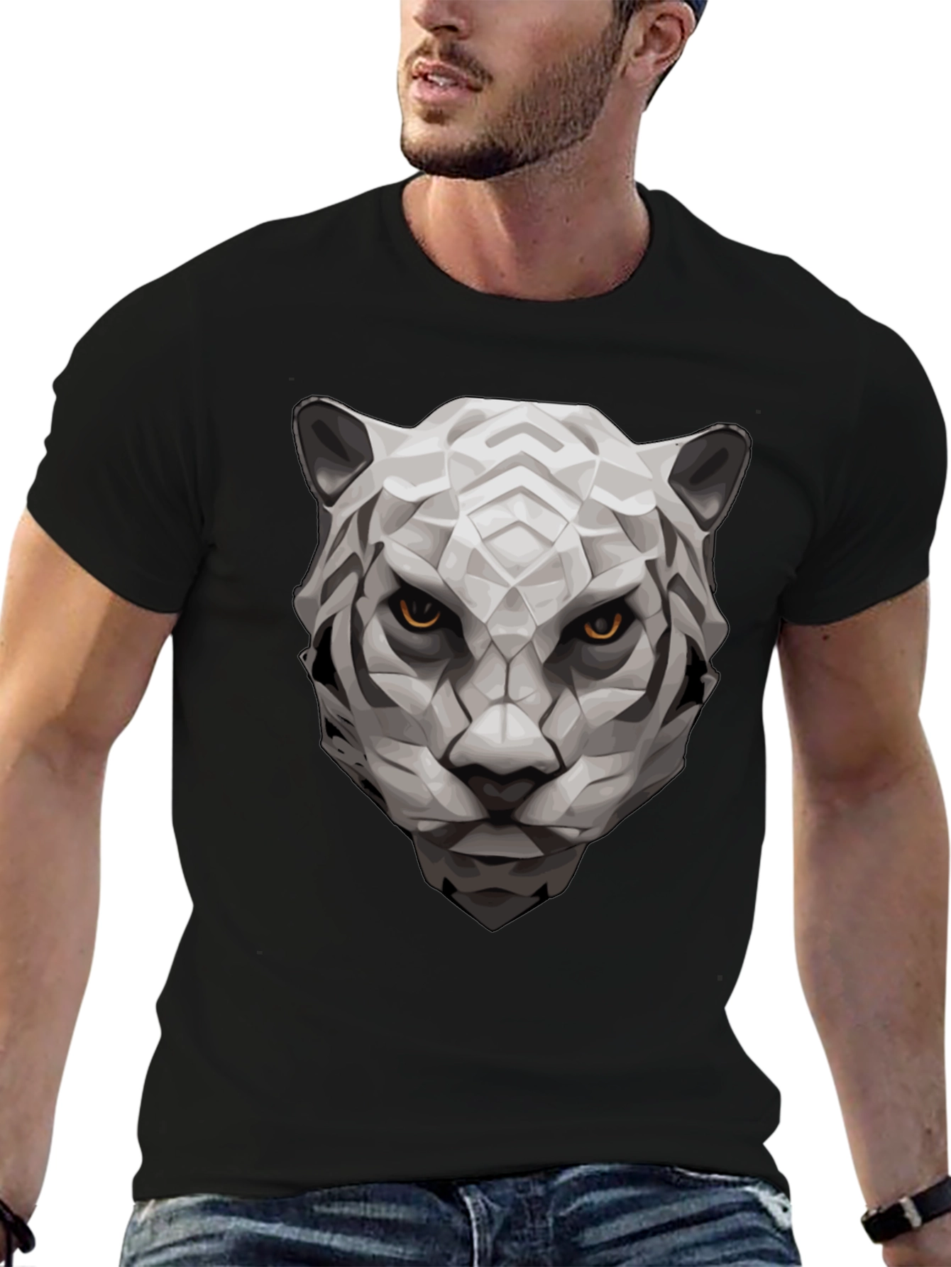 Black Geometric Tiger Graphic Tee - Black Cotton view 6