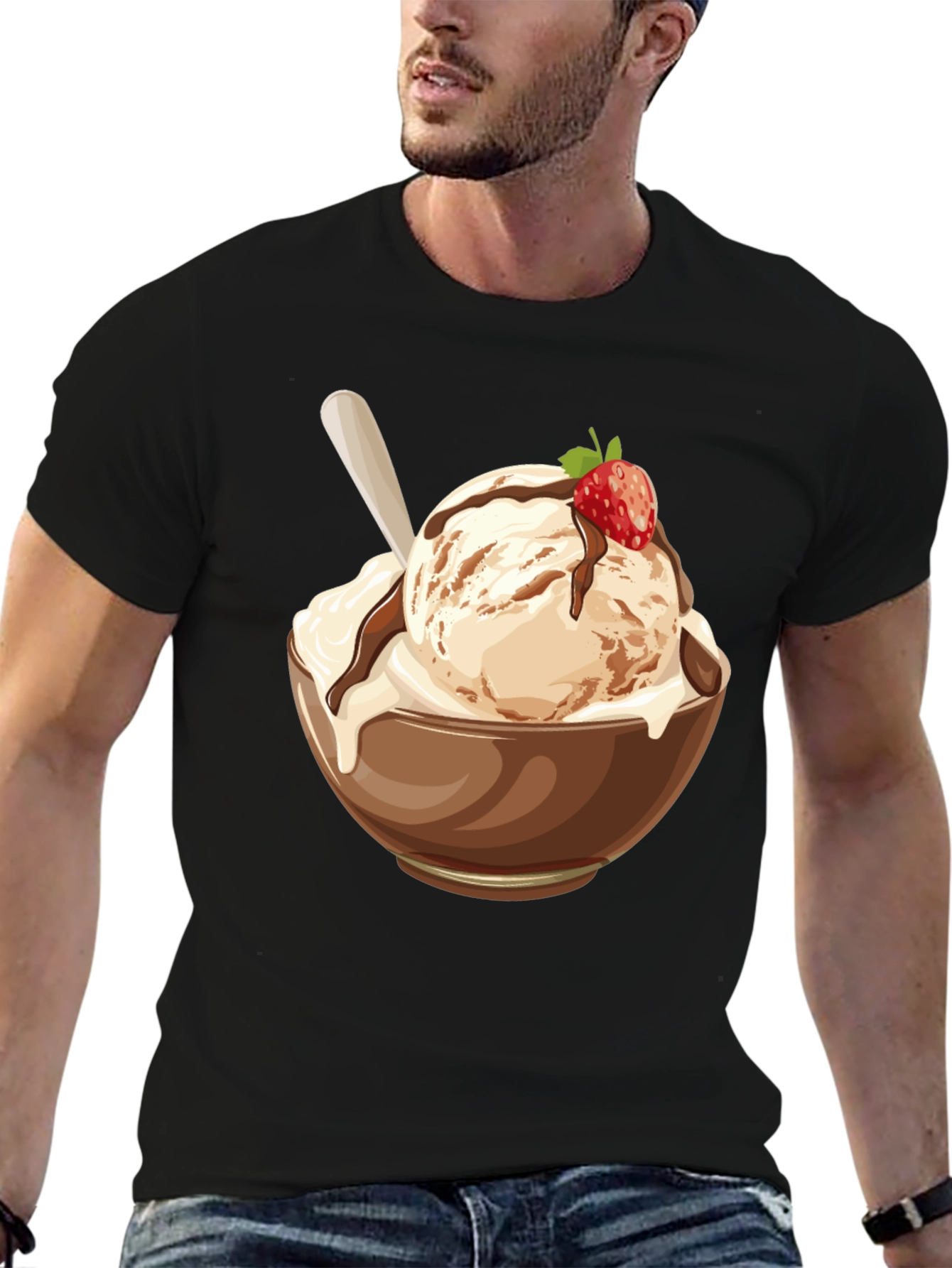 Black Ice Cream Bowl Graphic T-Shirt - Unisex Black Tee view 6